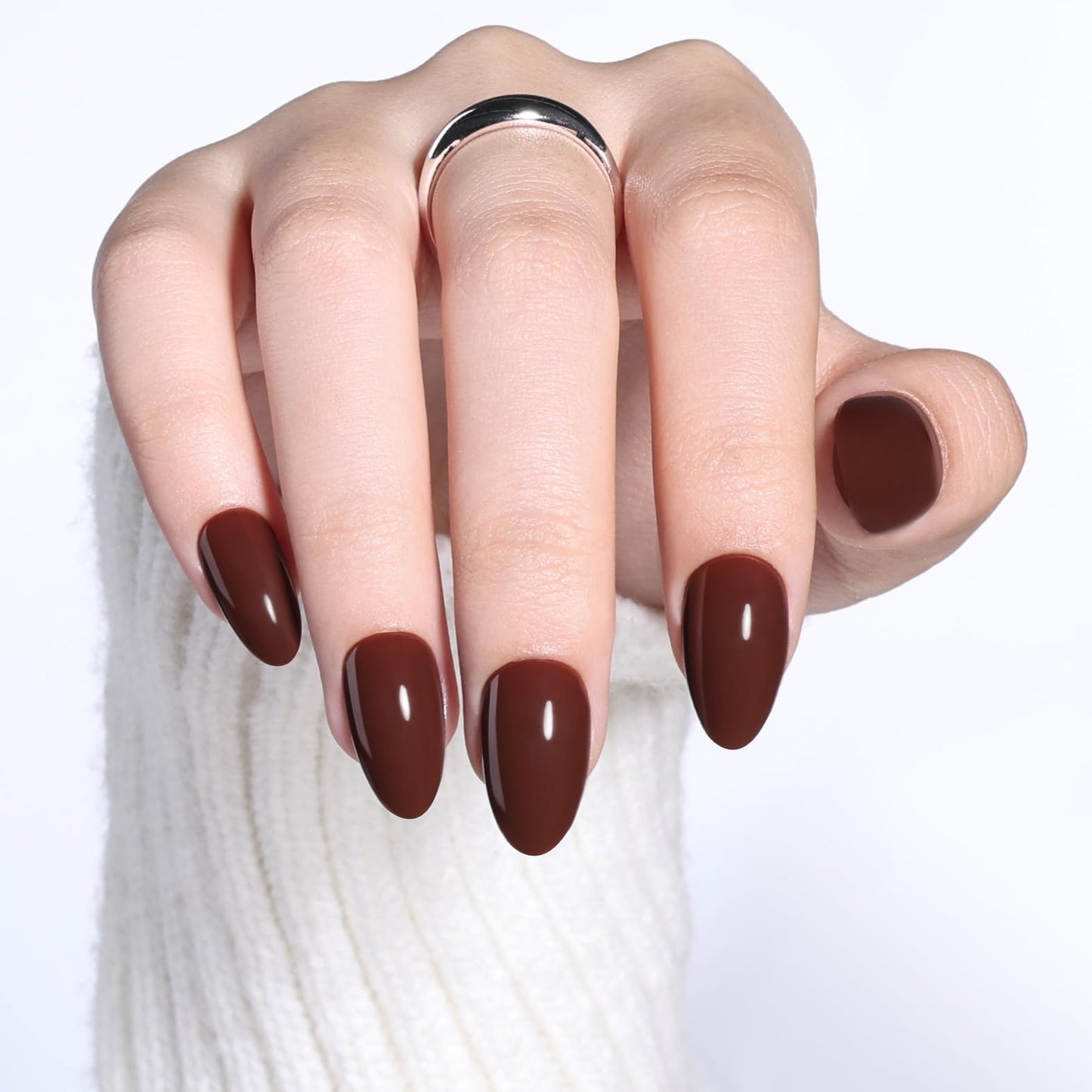 Brown Press On Nails Short Almond - Glossy Reusable Brown Nails Press ons for Women, 32 Pieces in 16 Sizes False Nails Kit with Glue