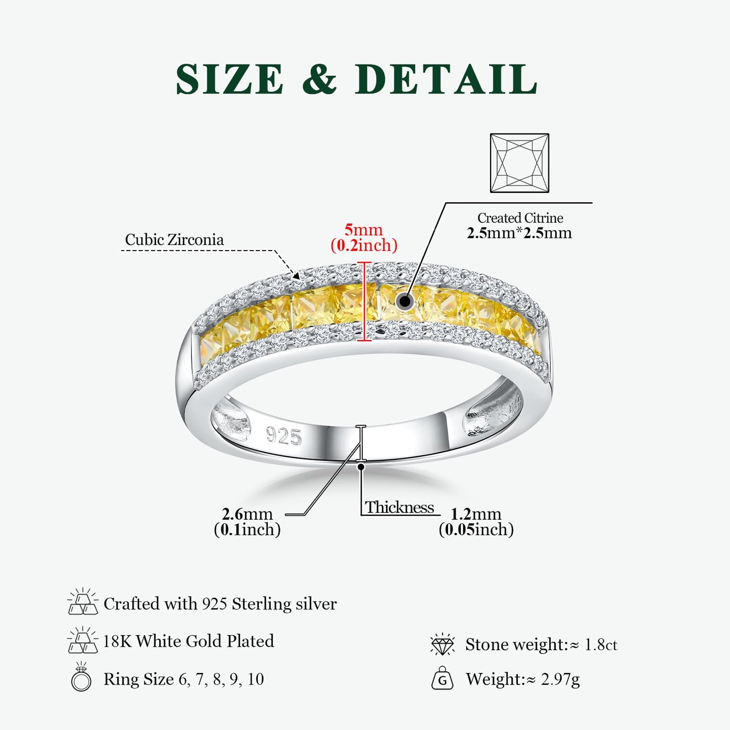 RANDES Citrine Rings for Women Eternity Band 925 Sterling Silver Channel Set Princess Cut Wedding Band Yellow Stone Ring Size 6