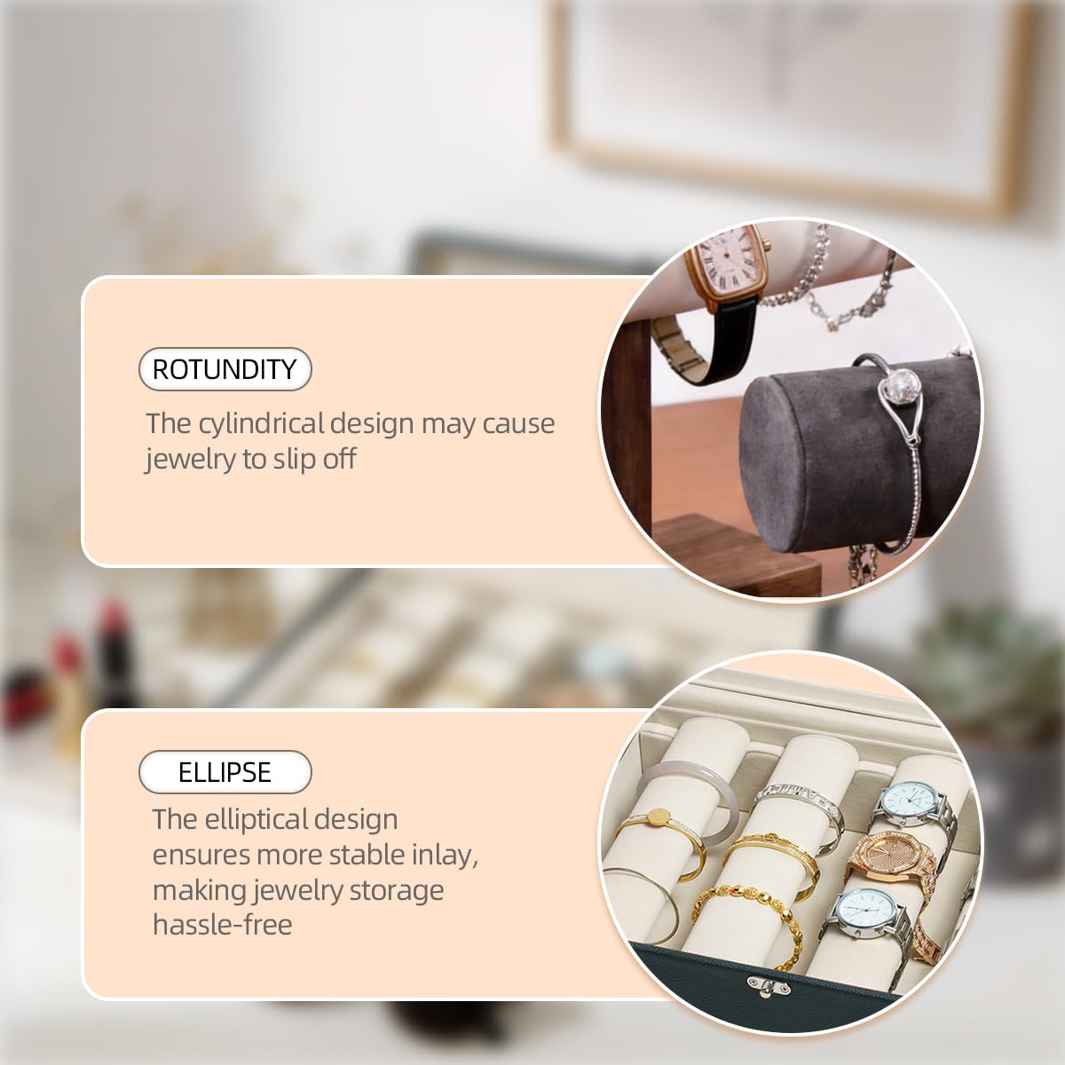 OrizeGe Jewelry Box with Glass Lid Bracelet Holder PU Leather for 4 Rods Beige Velvet Watch Case for Women