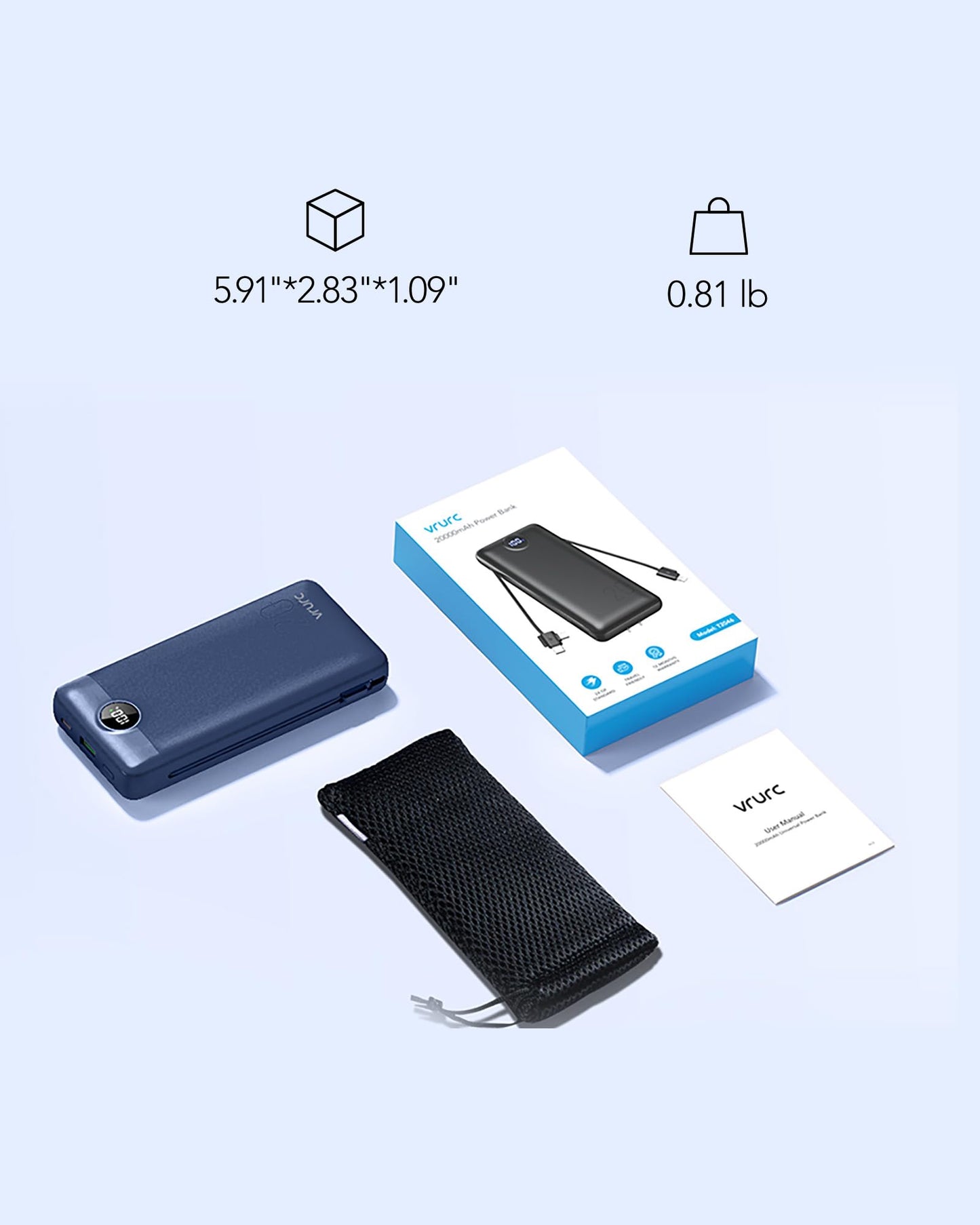 VRURC Portable Charger 20000mAh, Fast Charging Power Bank USB C,4 Output 2 Input Travel Essentials Charging Bank Equipped with LED Display,Built-in Wall Plug and Cables,Phone Charger Battery,Navy