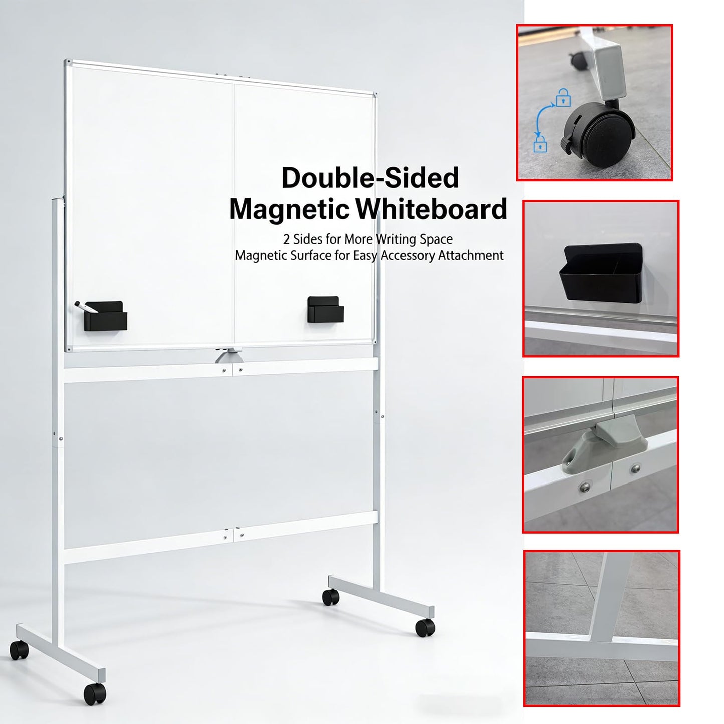 Large Rolling Magnetic Whiteboard on Wheels, 48" x 32" Double-Sided Mobile White Board with Stand, Portable Standing Dry Erase Board Easel with Lockable Wheels for Home Office Classroom School White