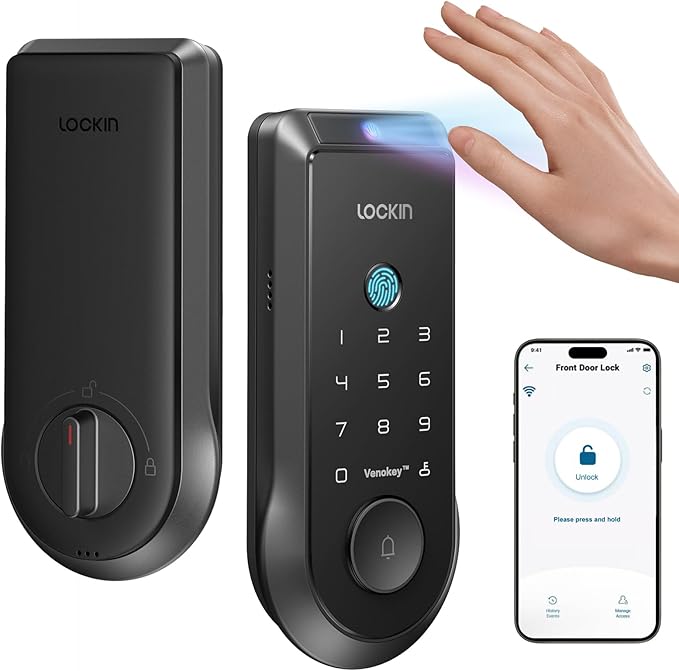 Lockin Veno Palm Vein Smart Lock with Built-in Wi-Fi, 7-Month Battery, Matter Compatible, Palm Vein & Fingerprint Unlock, Keyless Entry, App Control, Auto-Lock, PIN Code, ANSI Grade 2, IP65 Waterproof