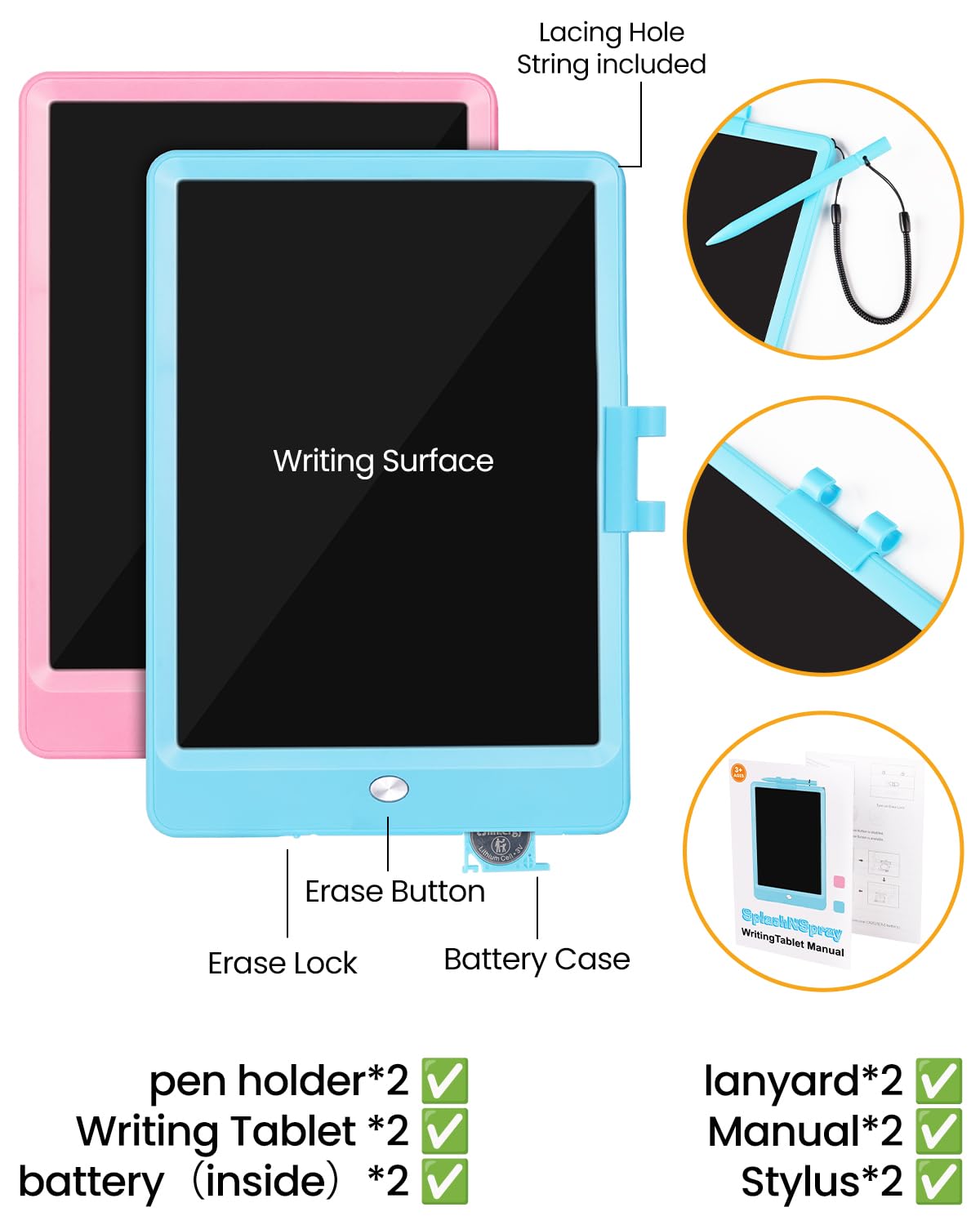 SplashNSpray Writing Tablet, 2pack LCD Drawing Tablet for Kids, Colorful Toddler Doodle Board, Erasable Reusable Electronic Drawing Pads, Educational and Learning Toy for 3+ Years Old Kids 8.5inch