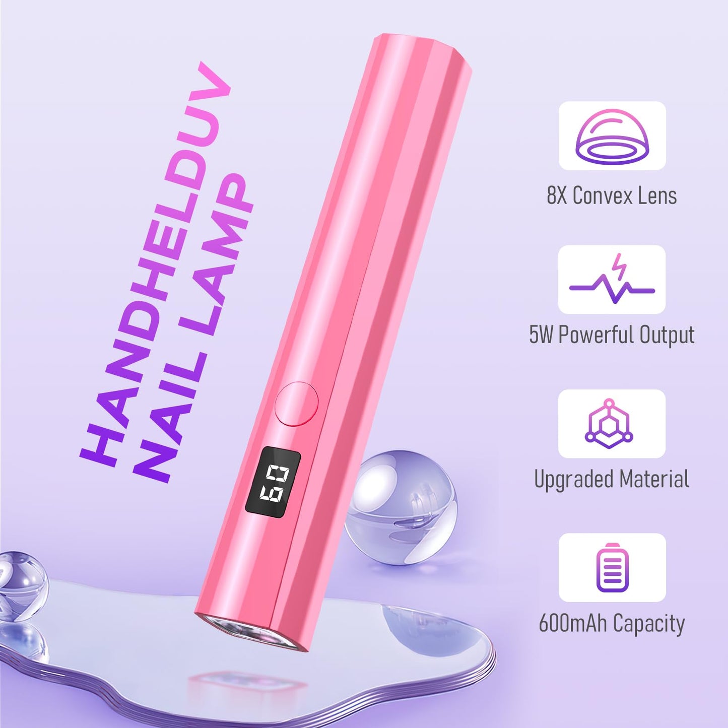 Hoonyn Handheld UV Nail Lamp, 5W Sparkly UV Light for Gel Nails, Portable LED Nail Lamp, Mini Nail Dryer with LCD Screen, USB Nail Light for Fast Curing (Pink)