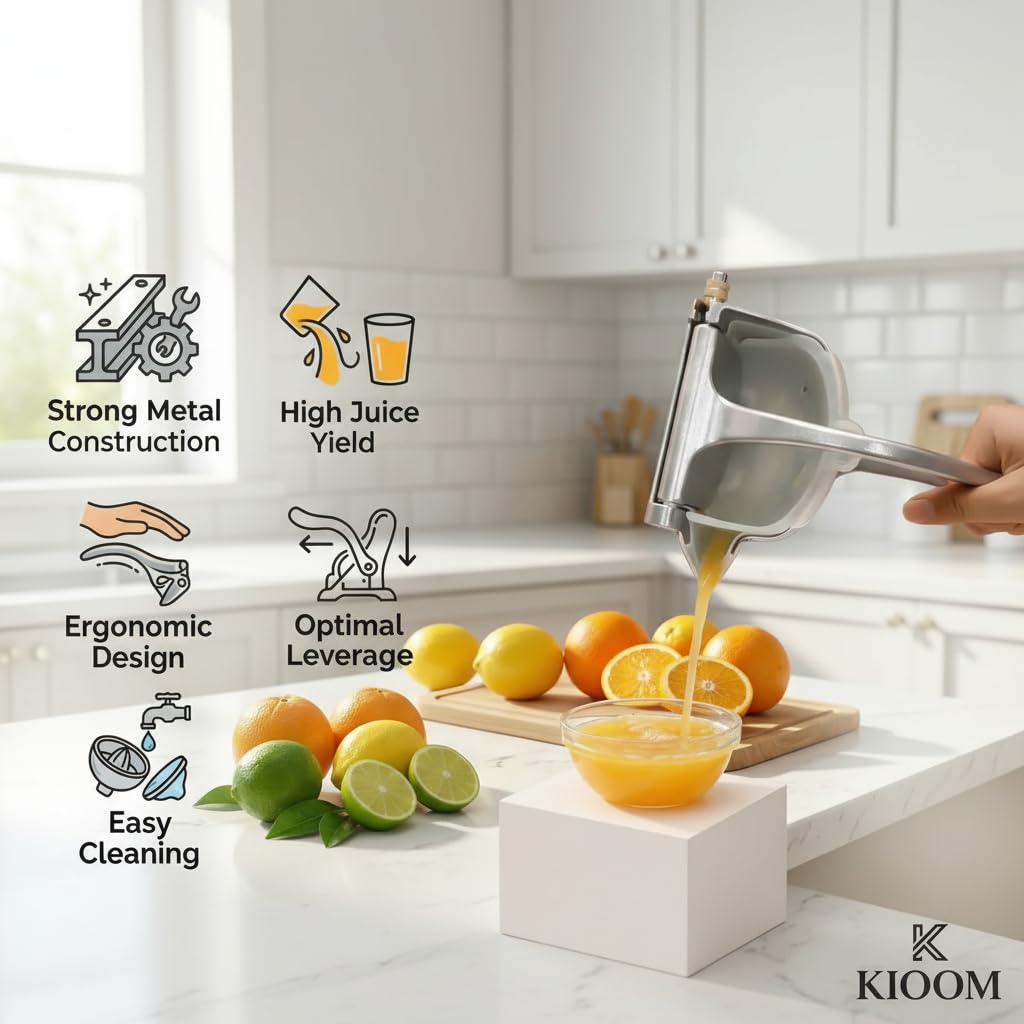 KIOOM Manual Juicer Hand Press – Handheld Fruit Juicer Squeezer for Orange, Lemon, Lime & Citrus – Heavy Duty Metal Juice Squeezer with Non-Slip Base
