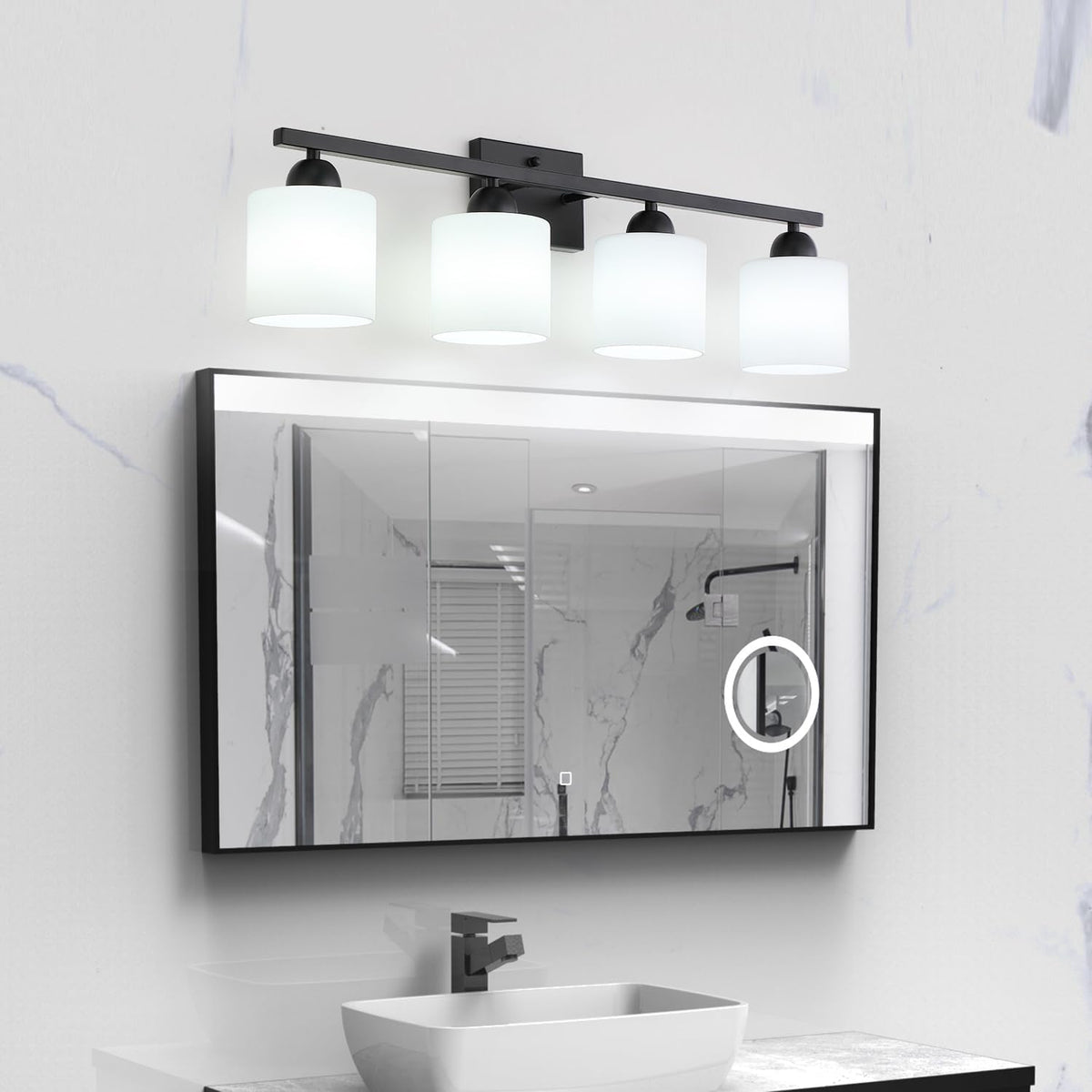 Milk Glass Vanity Lights for Bathroom, 4 Light Matte Black Bathroom Light Fixtures Over Mirror, Ceramic E26 Sockets Wall Mounted