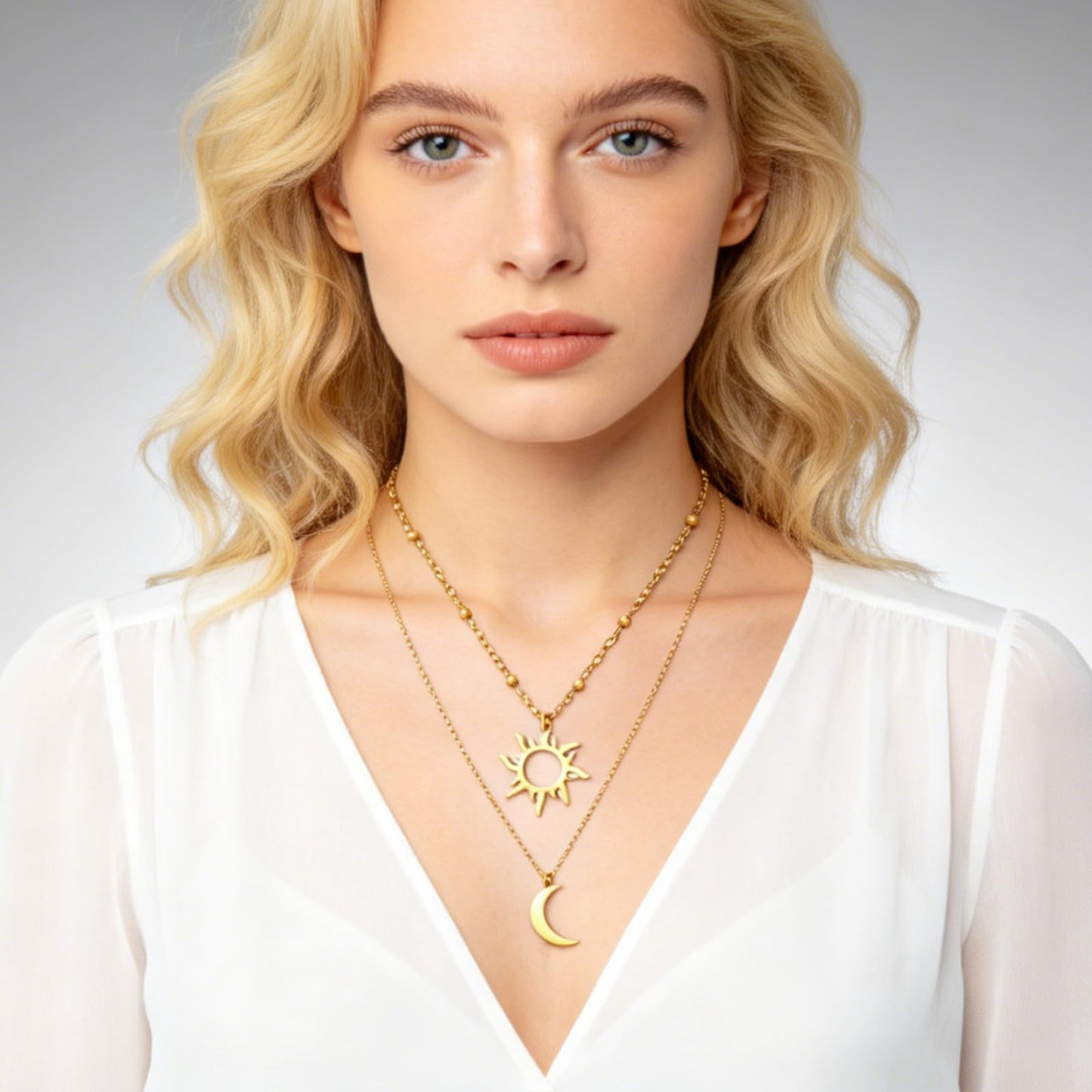 MAIKERDER Sun and Moon Necklace, 14k Gold Plated Dainty Crescent Moon Samll Sun Solar Pendant Necklaces Layered Necklace for Women