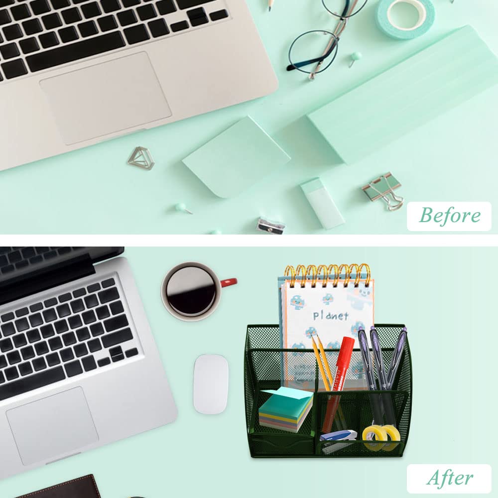 UNVARYSAM Green Desk Organizer Mesh Drawer Storage Accessories with 6 Compartments and Drawer, Desktop Caddy Storing Stationery Trinkets Cosmetics Jewelry Electronic Gadgets for Workspace Classsroom