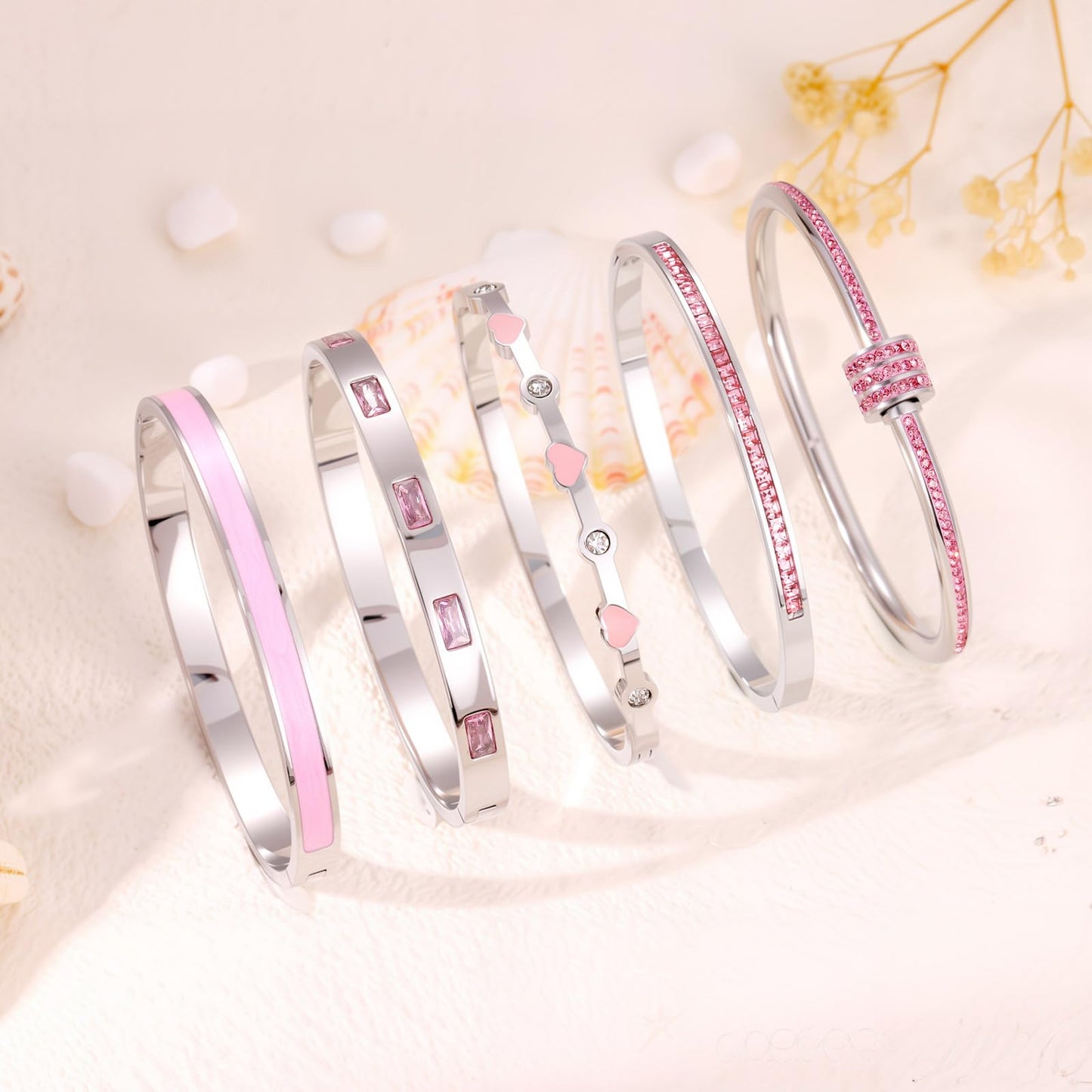 Camhanno 5-Piece Stackable Silver Bangle Bracelet Set for Women - Stainless Steel with Pink Crystal Friendship & Love Heart Bracelet Jewelry Gift for Her (Silver+Pink)