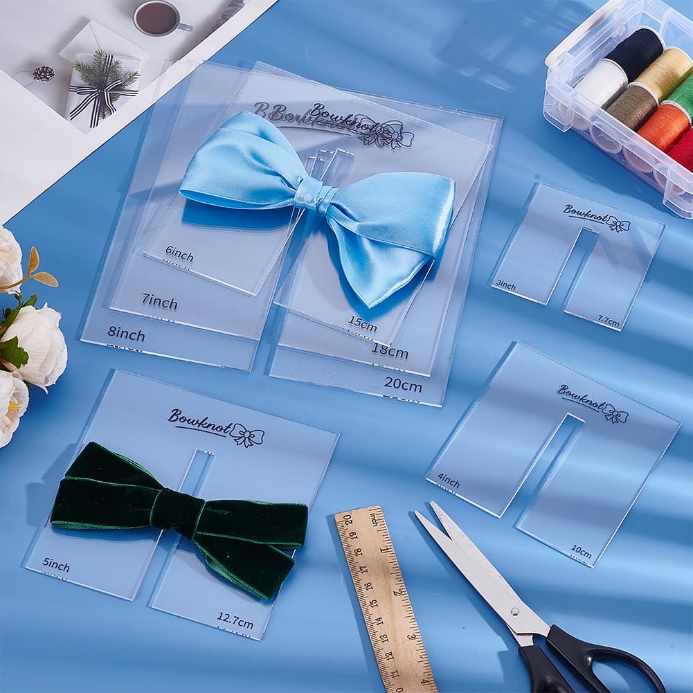 BENECREAT 6Pcs Bow Maker Templates, 3"/ 4"/ 5"/ 6"/ 7"/ 7.9" Acrylic Bow Tie Boards Craft Sewing Tool for Ribbon Bow Making Hair Bows Gift Bows Crafts Making, Slot: 0.39inch