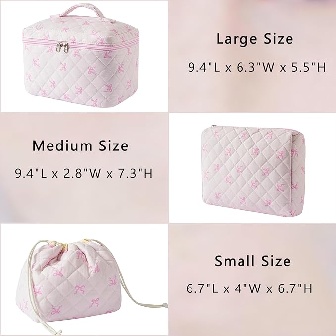 3Pcs Aesthetic Cotton Quilted Drawstring Makeup Bag Set, Aesthetic Cute Bow Makeup Pouch for Girls and Women, Aesthetic Travel Organized Cosmetic Bags for Purse(03Small Pink Bow)