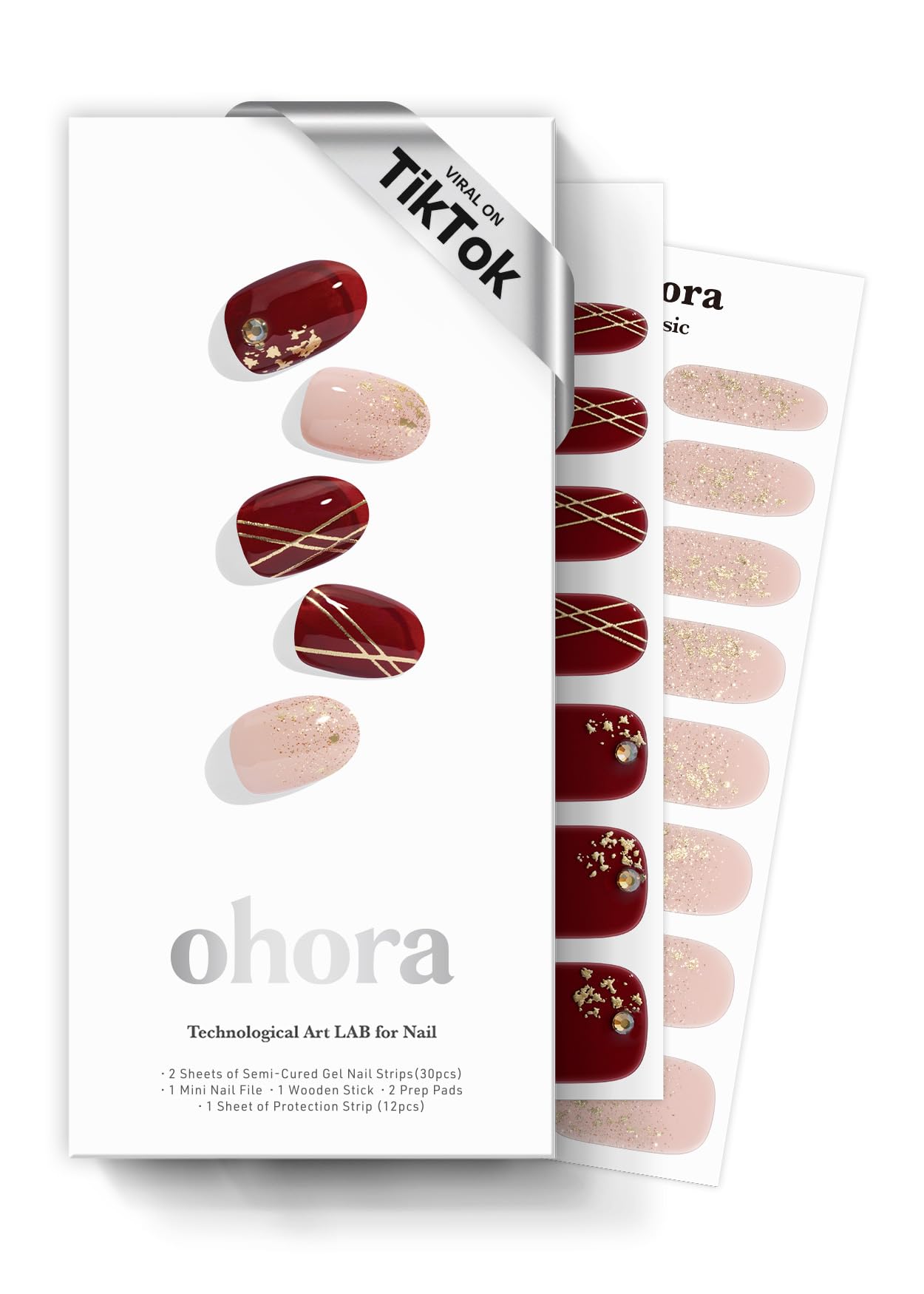 ohora Semi Cured Gel Nail Strips (N Ruby Glint) - Works with Any Lamps, Salon-Quality, Long Lasting, Easy to Apply & Remove - Includes 2 Prep Pads, Nail File & Wooden Stick