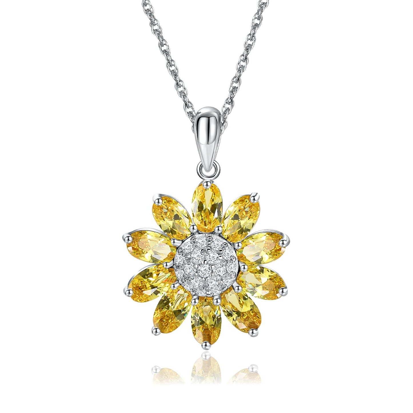 RANDES 925 Sterling Silver Sunflower Necklaces for Women Small Created Citrine Crystal Pendant Sunshine Flowers Necklace