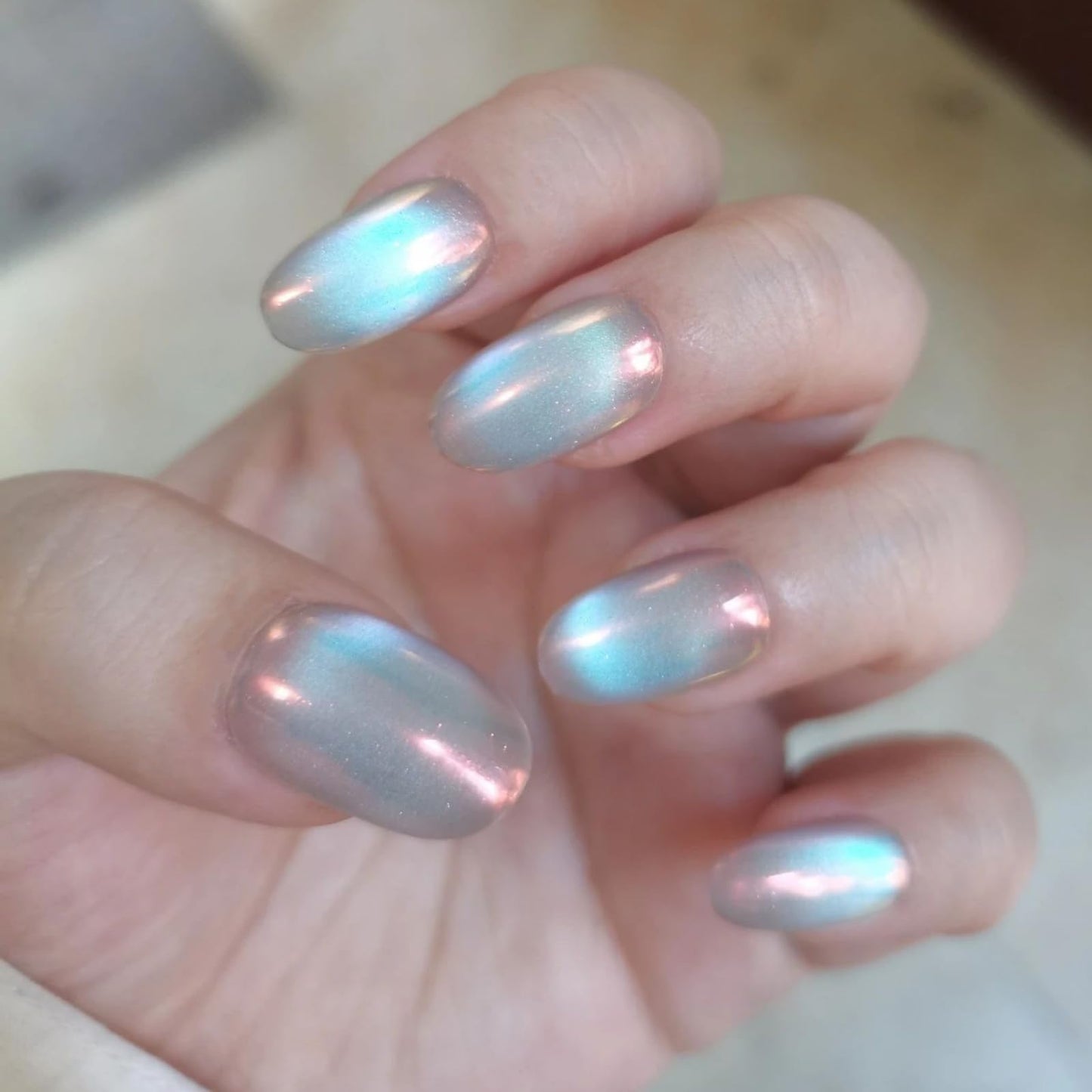 Cat Eye Press on Nails Handmade Short Oval/Square/Round False Nails with French Tip/Aurora/Magnetic Shimmer Designs (Aurora#Sunset River, Small)