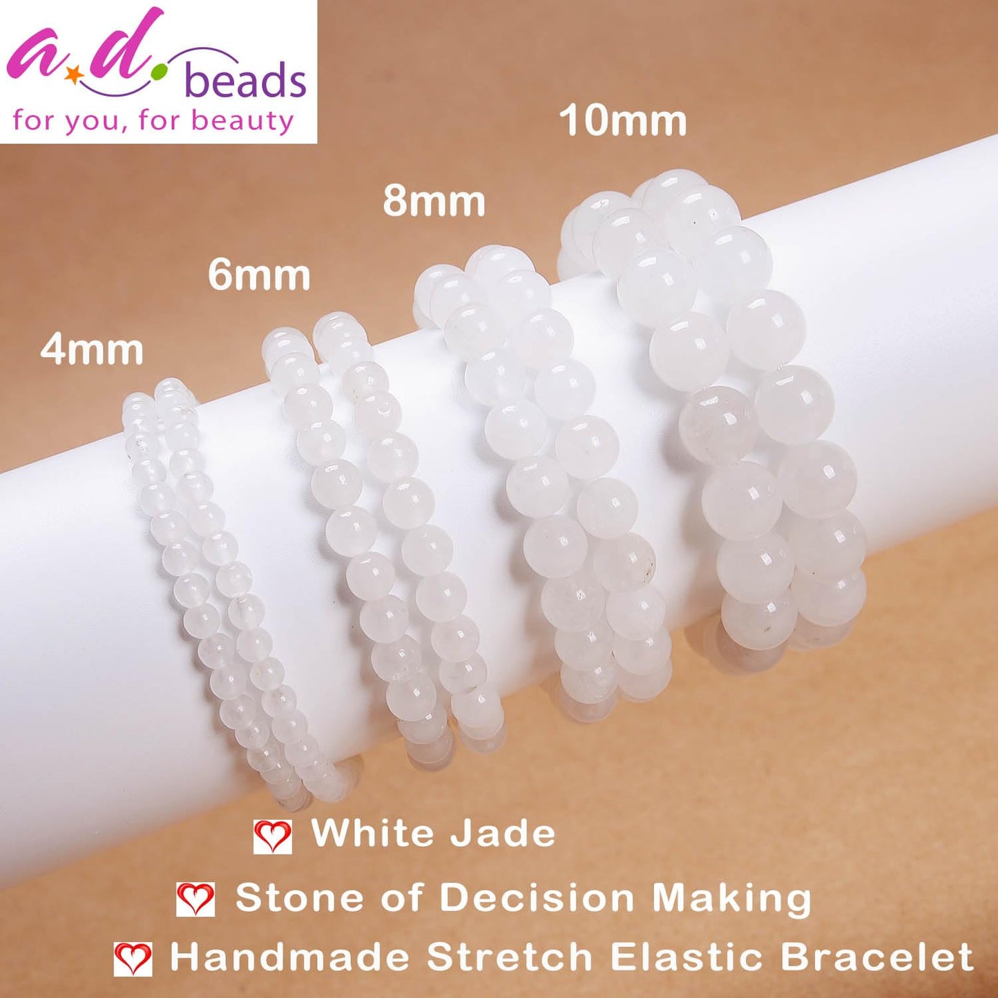 AD Beads Handmade Gemstone Stretch Elastic Bracelet Crystal Healing Reiki Nature's Beauty and Spiritual Essence Unisex (8mm, White Jade (Decision Making))