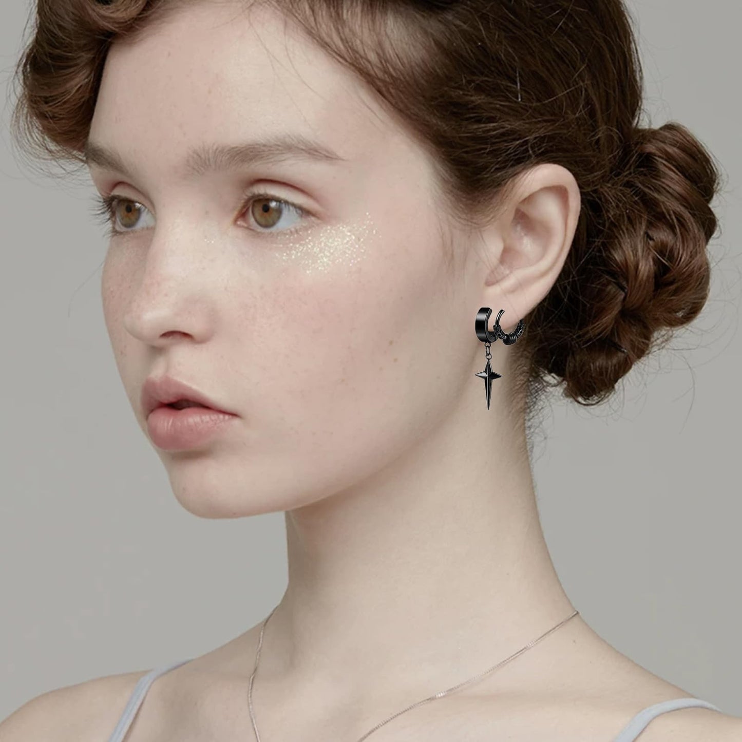 14 Pcs Black Gothic Viking Non Pierced Cross Sword Spike Awl Peace Dangle Chain Clip on Hoop Earrings Set for Unisex Fake Piercing CZ Earrings