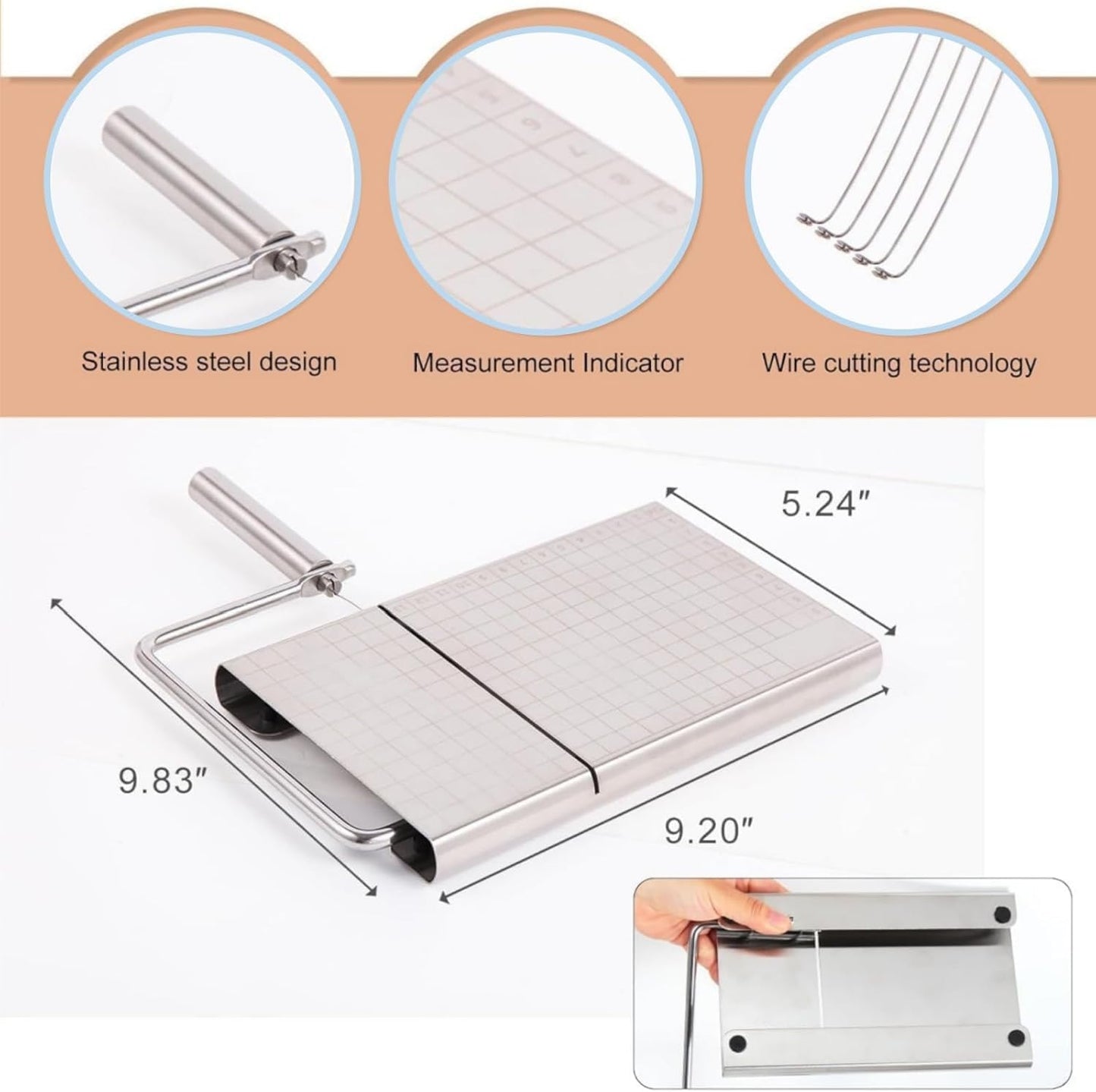 Direvcdro Stainless Steel Cheese Slicer with 5 Replacement Wires Adjustable Cheese Cutter and Cutting Board - For Block Cheese with Precision Scale for Gadget，Charcuterie etc
