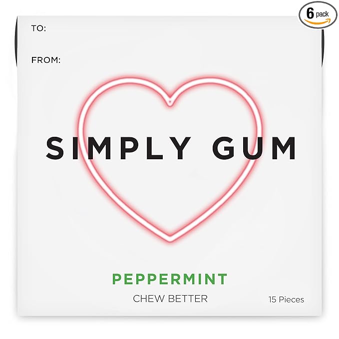 SIMPLY Gum Peppermint, Plastic-Free Natural Chewing Gum, Heart Box 6 Pack (90 Pieces) | Vegan, Kosher, Non GMO, Aspartame Free and Sorbitol Free