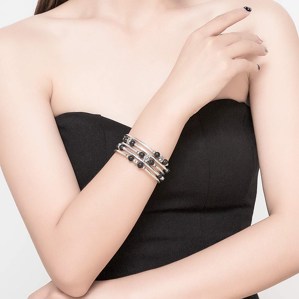 BULINLIN Wrap Bangle Rose Bead Bracelet - Beaded Bracelet with Natural Agate Stone Gifts For Women(01-Lava black)