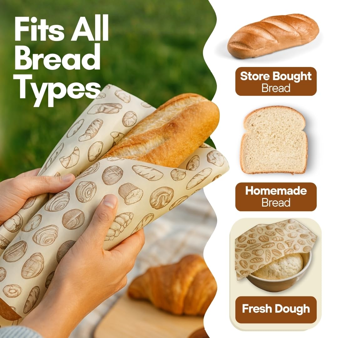 3 Pack Cotton Beeswax Bread Bags for Sourdough - 2XL Organic Reusable with Bees Wax Lining & Buckle Closure + 1 Beeswax Wrap, Wax Cloth Bread Bags & Freezer Safe, Eco-Friendly & Easy to Clean