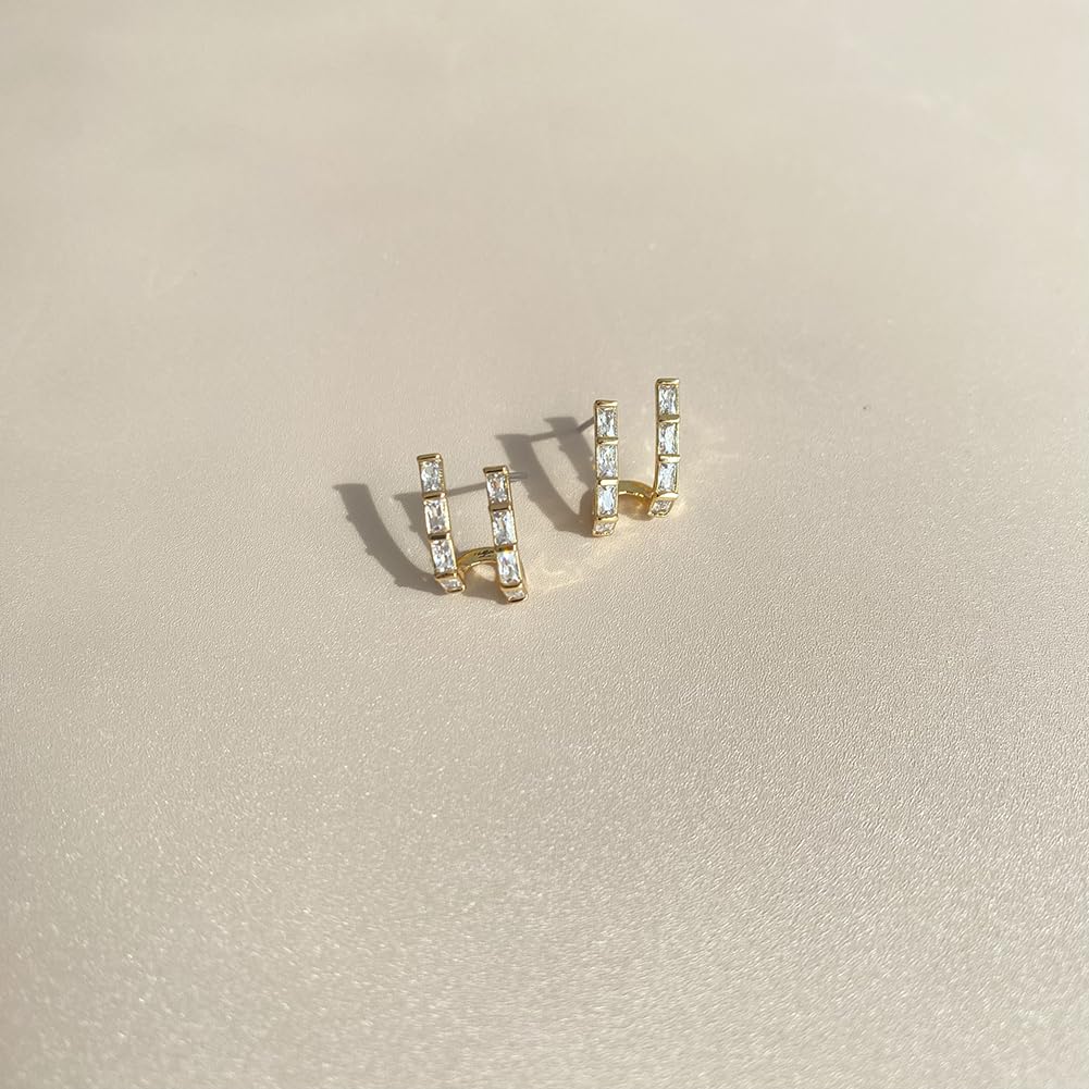 Obidos Double Faux Diamond Baguette Illusion Mini Huggie Earrings | 14K Gold Plated Huggie Small Hoop Earrings for Women | Boho Simple Hypoallergenic Earrings