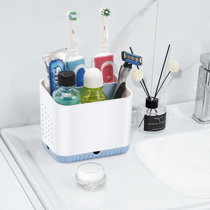 Toothbrush Holders for Bathrooms, Kids Electric Toothbrush and Toothpaste Holder, 4 Slots Tooth Brushing Holder for Bathroom Organizer Countertop, Bathroom Accessories (Blue)