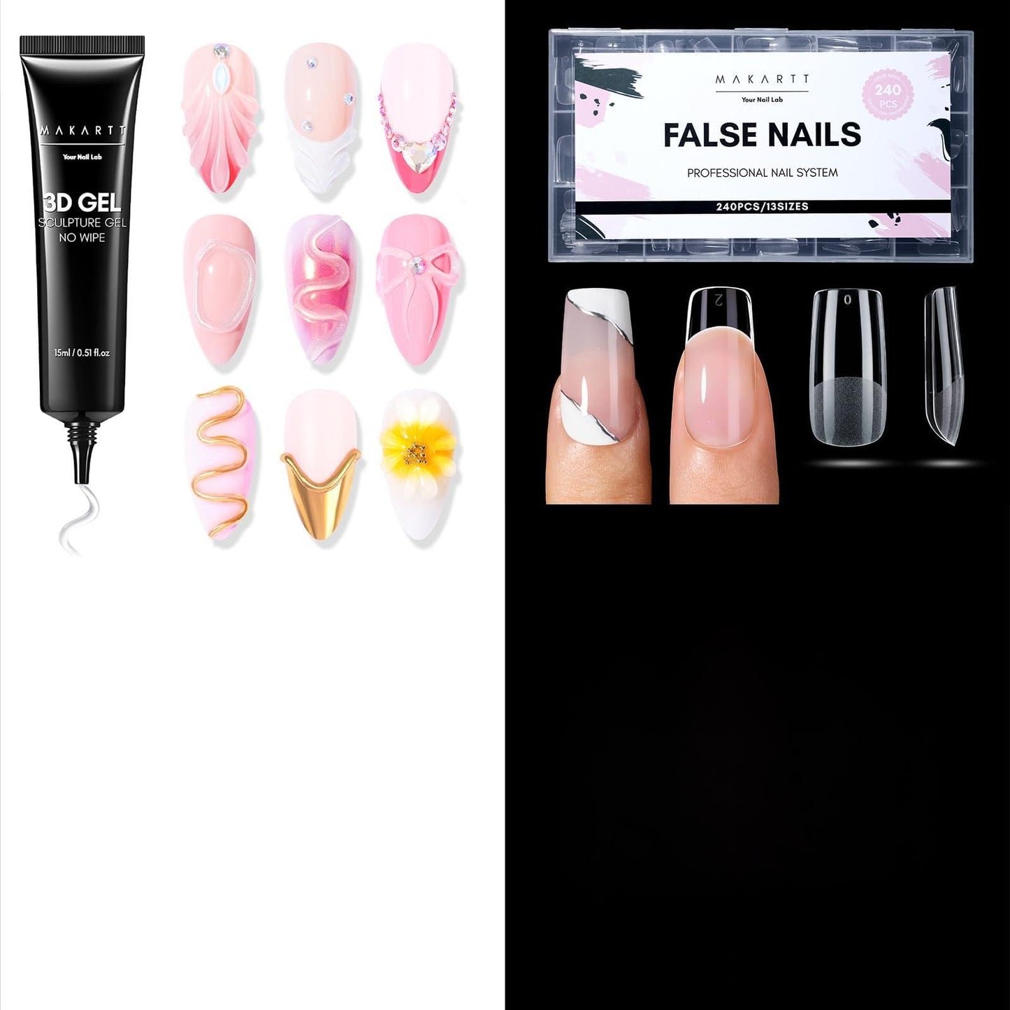 Makartt 3D Gel Nail Art Sculpting Gel Glue for Drawing Molding Bundle with Medium Square Nail Tips Half Matte Clear Fake Acrylic Press On