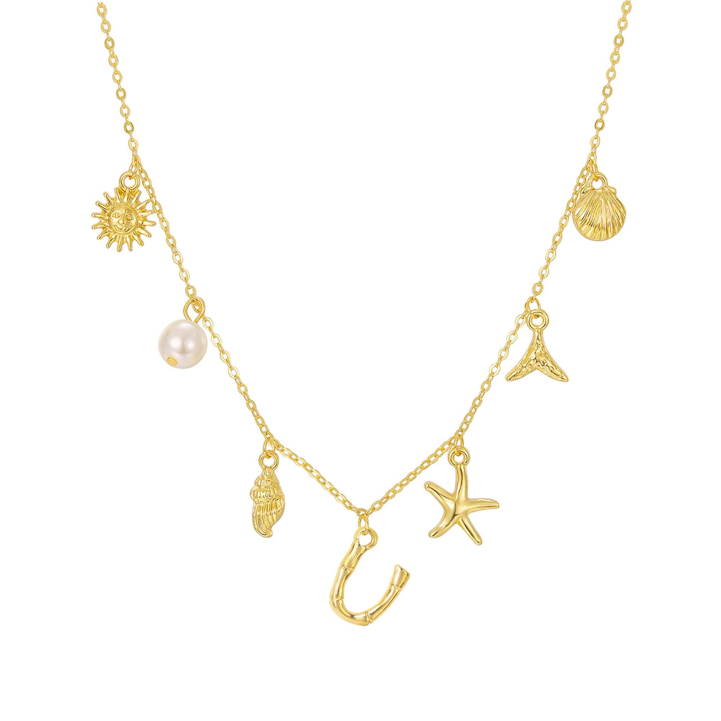 JALZEMPL Initial Charm Necklace For Women Shell Seashell Summer Beach Letter 14K Gold Plated Pendant Starfish Surfer Boho Jewelry Gifts (U)