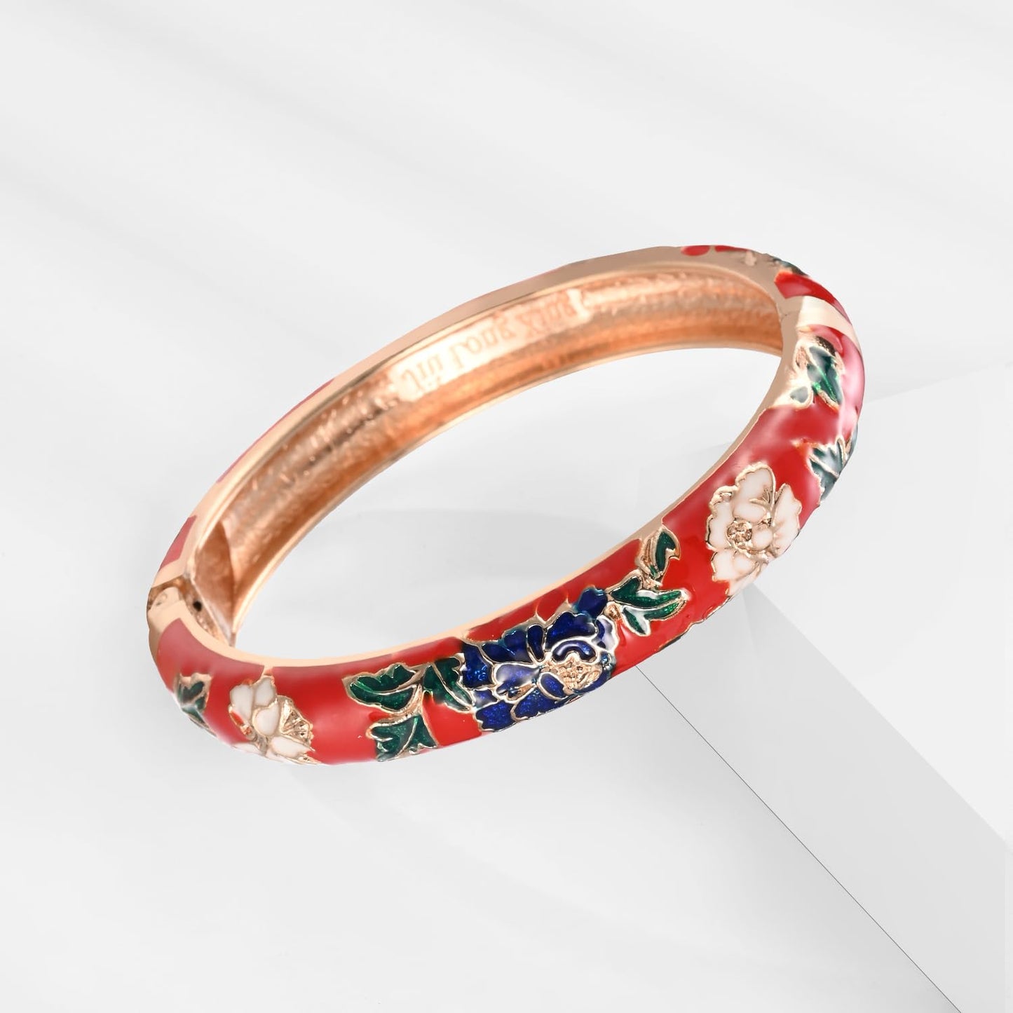 UJOY Womens Enameled Cloisonne Bracelet Gold Plated Flower Enameled Hinged Cuff Bangles Jewelry Gift 55A-3PCS red