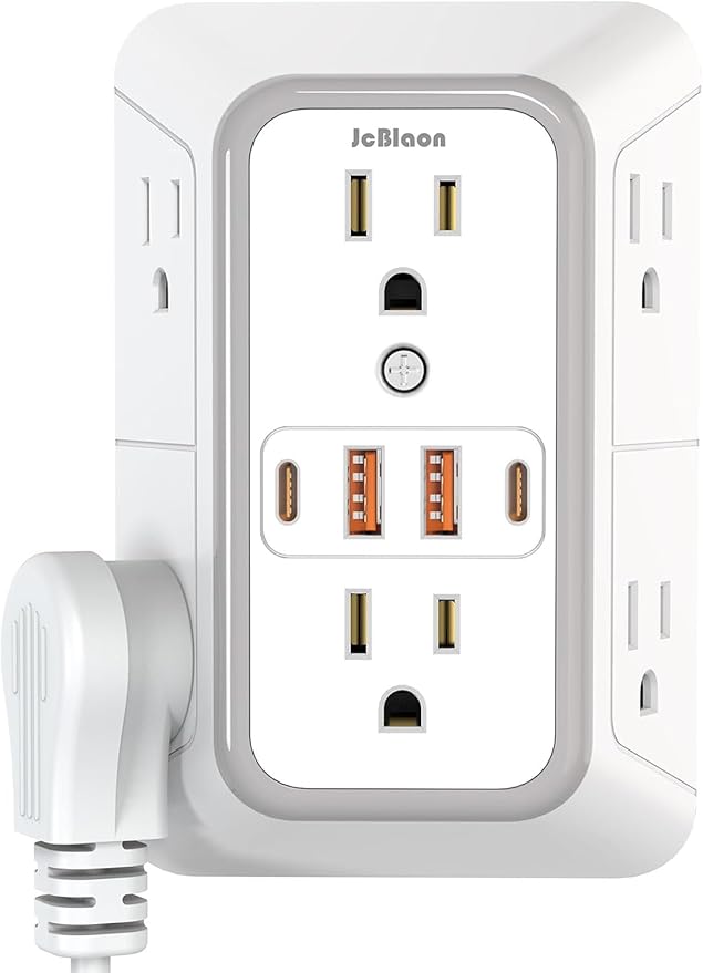 USB Wall Charger Power Strip Surge Protector with 4 USB Ports (2 USB C) Plug Extension Multiple Outlets Plug Extension Multi Outlet Plug in Adapter Spaced Outlets for Home Office Travel,White (White)