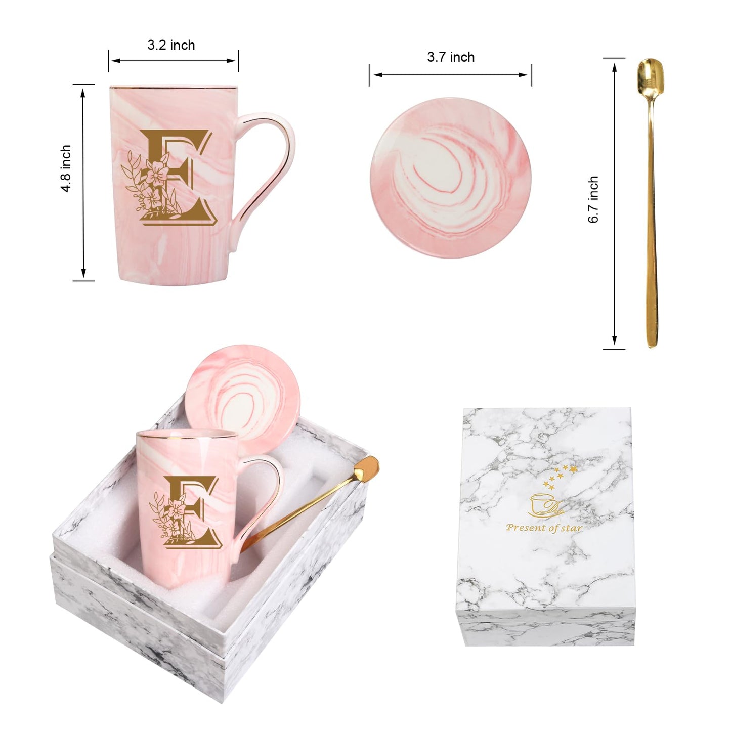 Letter E Personalized Initial Mugs with Flower, Letter E Personalized Novelty Coffee Mug, Novelty Letter Coffee Mugs for Women, Bridal Shower Gifts, Women's Initials Gifts Coffee Mug 14 Ounce Pink