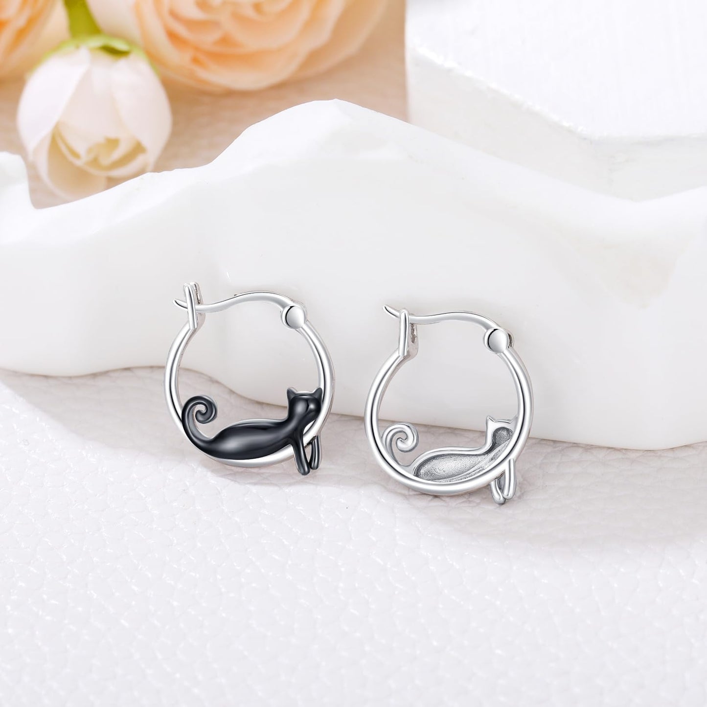 JUSTKIDSTOY Black Cat Earrings for Women 925 Sterling Silver 17mm Cute Hoop Earrings Halloween Jewelry Graduation Gifts for Daughter Her Cat Lovers
