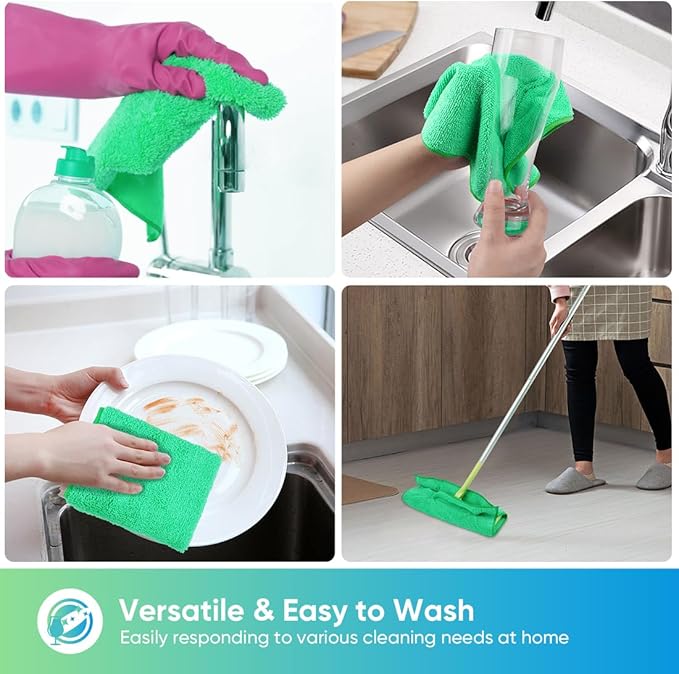 HOMEXCEL Green Microfiber Cleaning Cloth, 12 Pack Premium Microfiber Towels for Cars, Lint Free, Scratch-Free, Highly Absorbent, Reusable Cleaning Rags for Car, Household, Kitchen, Window,11.5"X11.5"