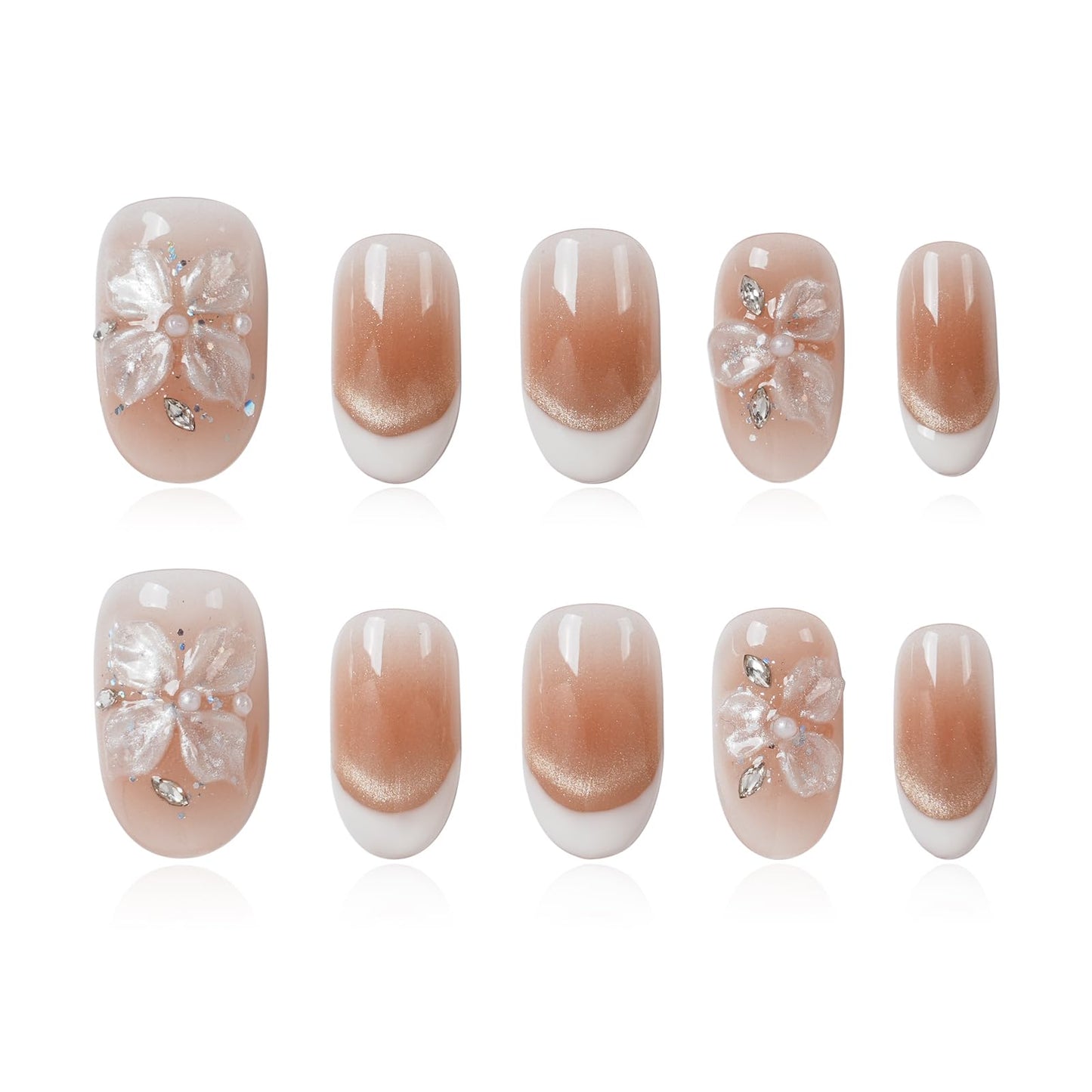 Tesytto Handmade Press on Nails Almond Shape Glossy Reusable False Nails for Nail Art (Gold Shimmer Crystal, S)