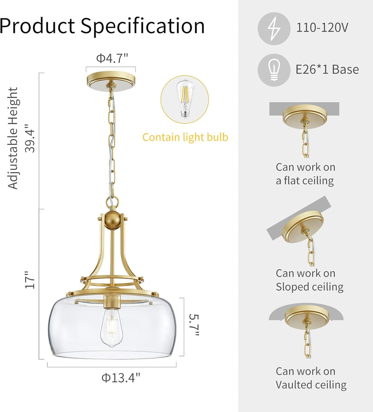 WUZUPS Chandelier Rustic Farmhouse Industrial Round Ceiling Pendant LED Light Fixture with Clear Glass Shades for Dining Room Kitchen Island Foyer Entryway, H 17" x W 13.4", E26 Base, Gold