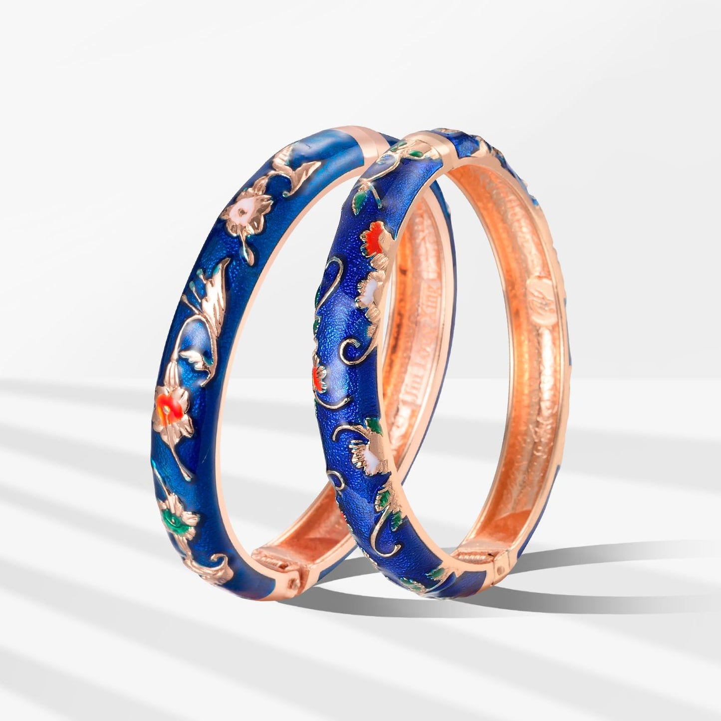 UJOY Vintage Bangles Bracelets Cloisonne Enameled Flower Spring Hinge Clasp Indian Style Jewelry Set for Women 55A81-55A108 Navy Blue