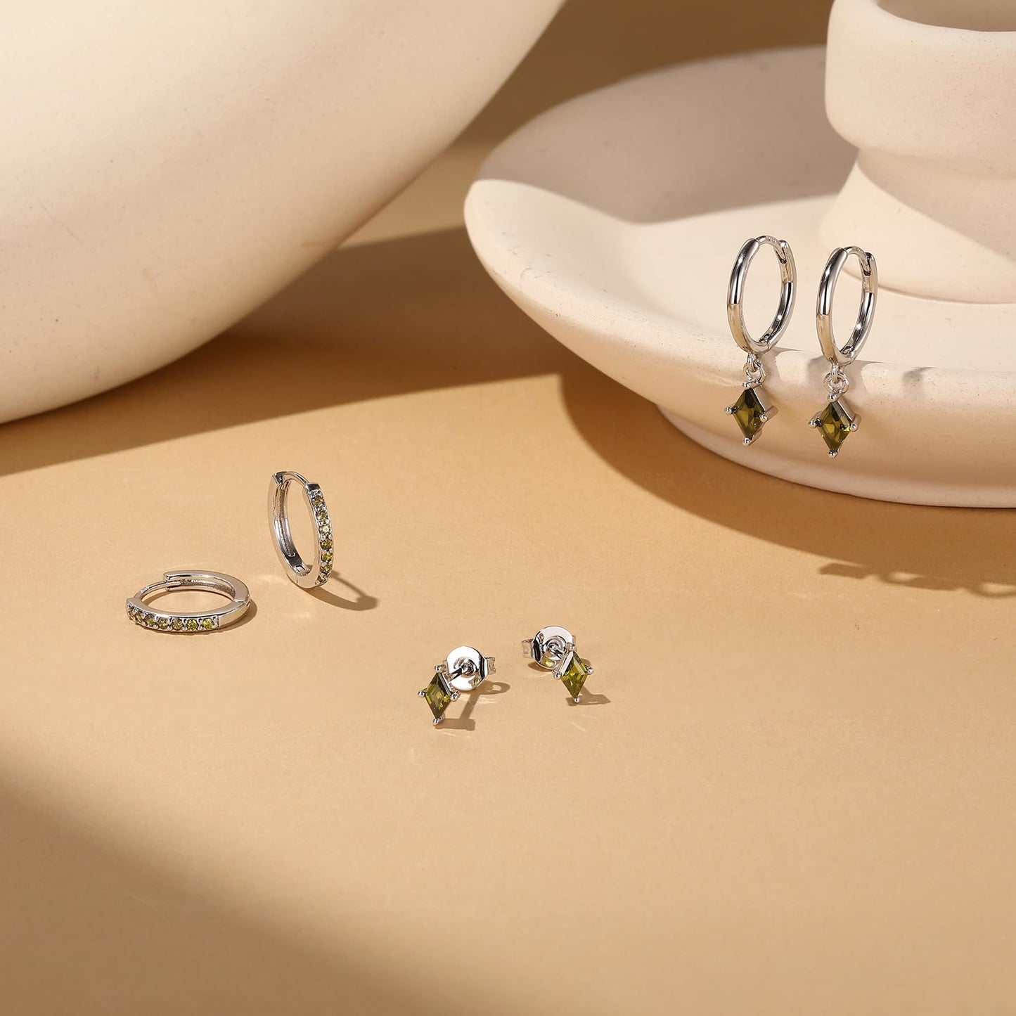 Sterling Silver Hoop Earrings Set for Women, Dainty Emerald Green Earrings Dangle, Small Hypoallergenic Huggie Silver Earring Stacks for Multiple Piercing, Olive Green Earring for Women Trendy