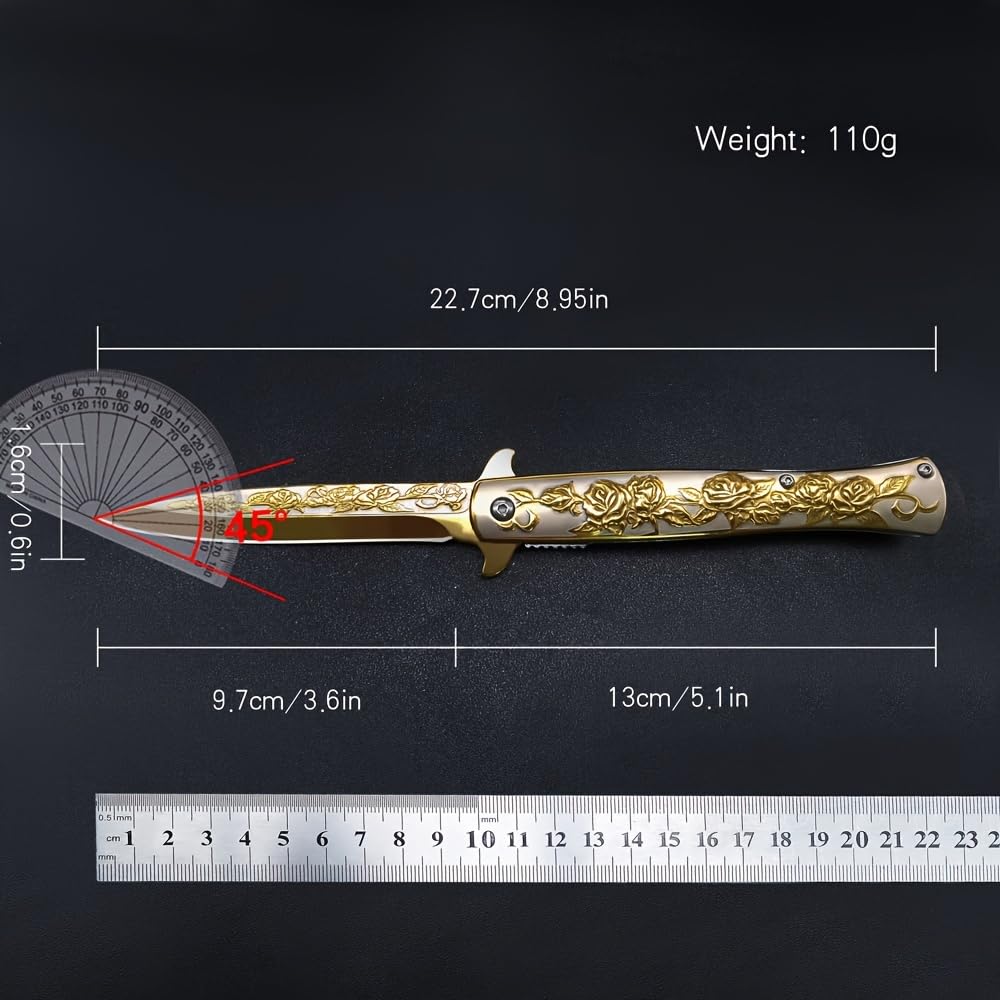 SAIYM Rose Relief Pocket Knife, Elegant EDC Folding Tactical Knife Blade 3.8in for Outdoor Survival Camping Hiking Gift for Adults Men Women, Golden