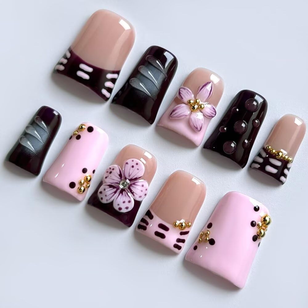 MAGLFELL Press On Nails, 10 Pcs Handmade French Purple Duckbill Fake Nails, Reusable Artificial Duckbill False Nails for Women 3D Acrylic Nails Kit (Size M)