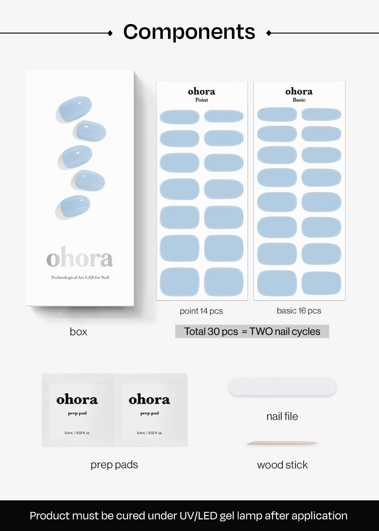 ohora Semi Cured Gel Nail Strips (N Cream Sky) - Blue, Solid, Works with Any UV/LED Lamps, Salon-Quality, Long Lasting, Easy to Apply & Remove - Includes 2 Prep Pads, Nail File & Wooden Stick