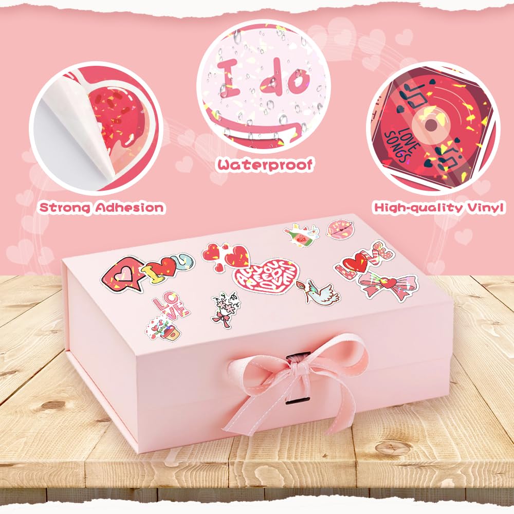 Valentines Stickers, Love Stickers, 100 PCS Holographic Valentine's Day Sticker, Pink Heart Decal Bulk, Waterproof Vinyl Sticker for Waterbottle, Scrapbooking, Envelope Card Mailbox Classroom Gift