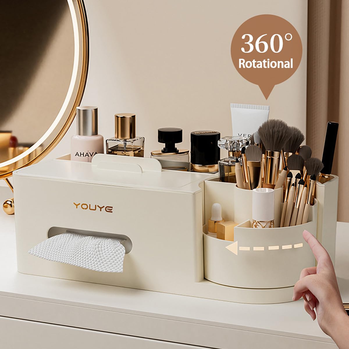 Aiabaleaft Multifunctional Organizer Rotating Brush Holder Makeup Organizer With Tissue Box for Study Table Living Room Dressers Home Office (Gray)