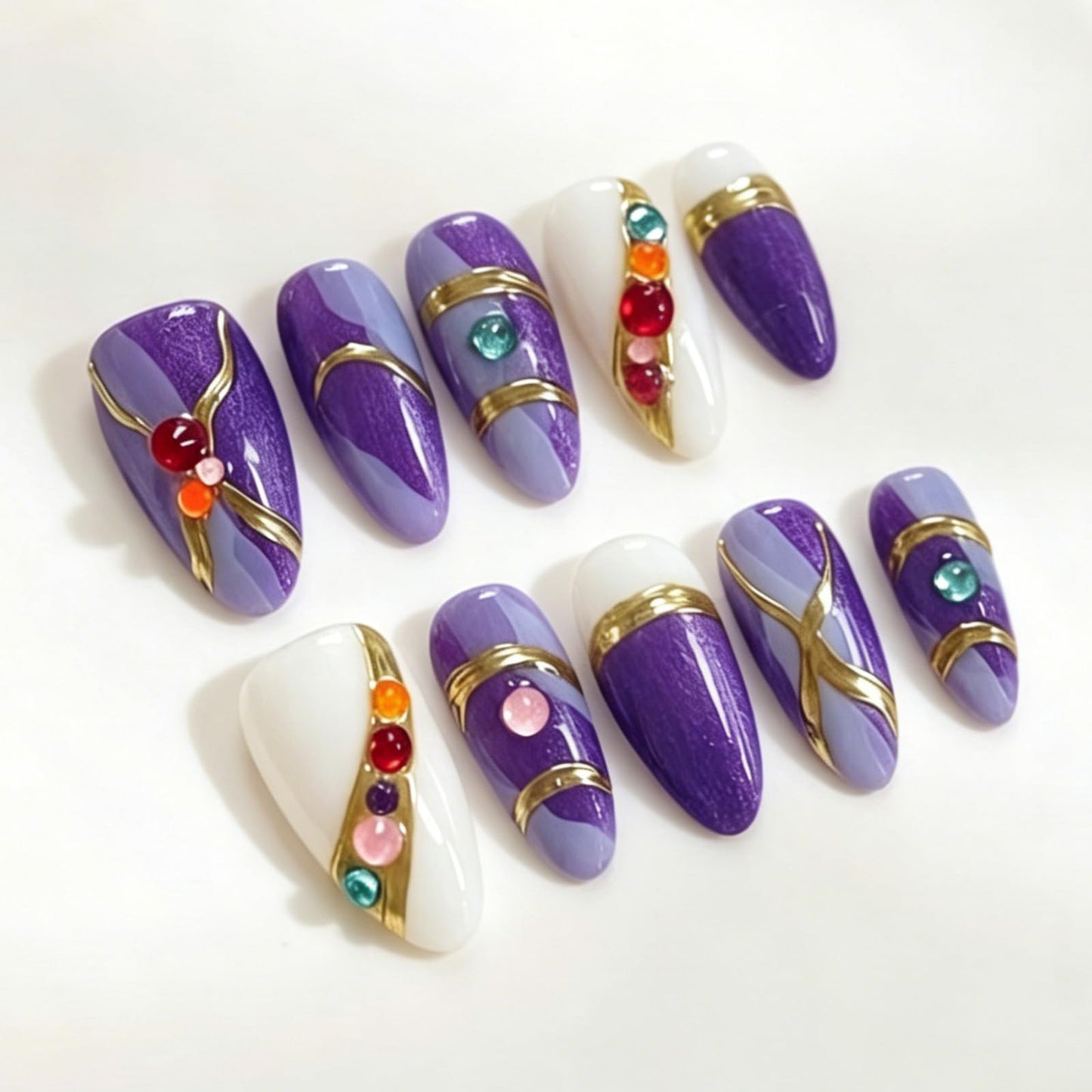 French Press on Nails Almond Handmade, Purple Glitter Metal Gemstone Luxury Romantic Date Style for Women 10 Pcs(Size M)