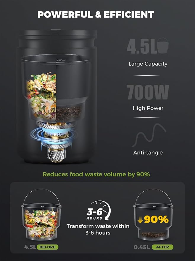 Electric Composter for Kitchen Smart Odorless Countertop Compost Bin Machine Quiet Larger 4.5L Indoor Food Cycler with Auto Cleaning, 3 Modes, 2 Carbon Packs, Turn Food Waste into Fertilizer