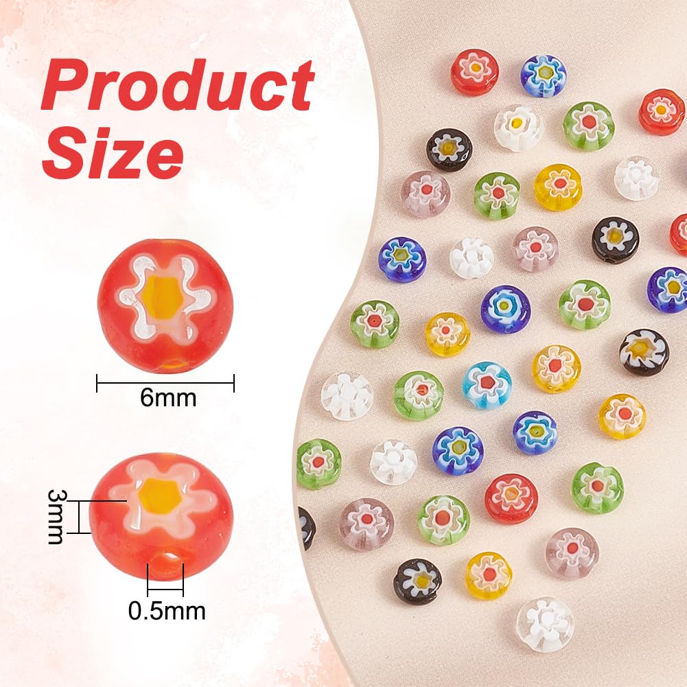 PH PandaHall 325Pcs/5 Strands Millefiori Lampwork Glass Beads 6mm Flat Round Flower Glass Beads Handmade Flower Millefiori Lampwork Bead Loose Spacer Bead for Jewelry Making DIY Crafts