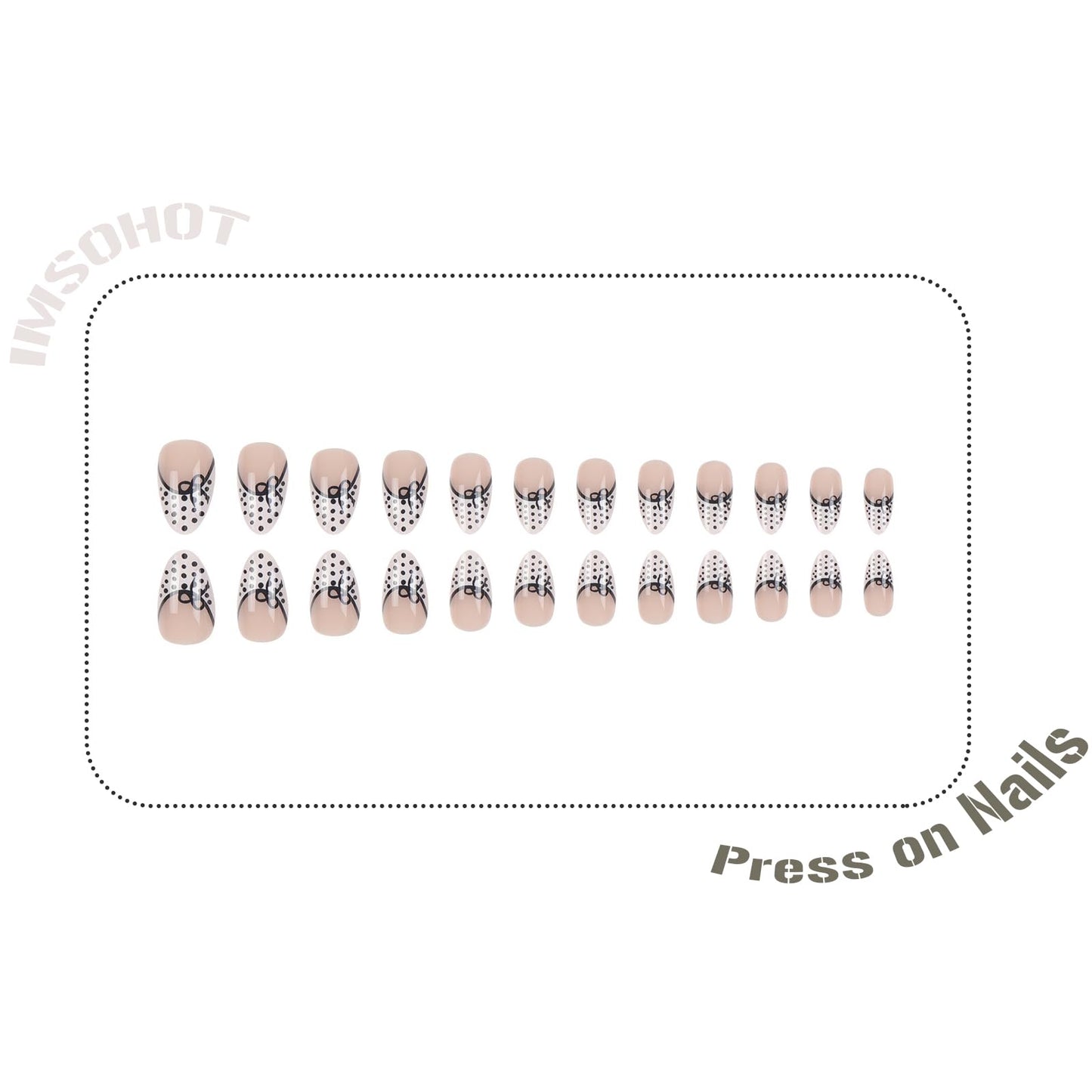 IMSOHOT Press on Nails, Black & White, Polka Dot Pattern Design, Medium Almond Fake Nails, French Tips Glossy Acrylic False Nails, Full Cover Cute Glue on Nails | 12 Sizes - 24 Nail Kit
