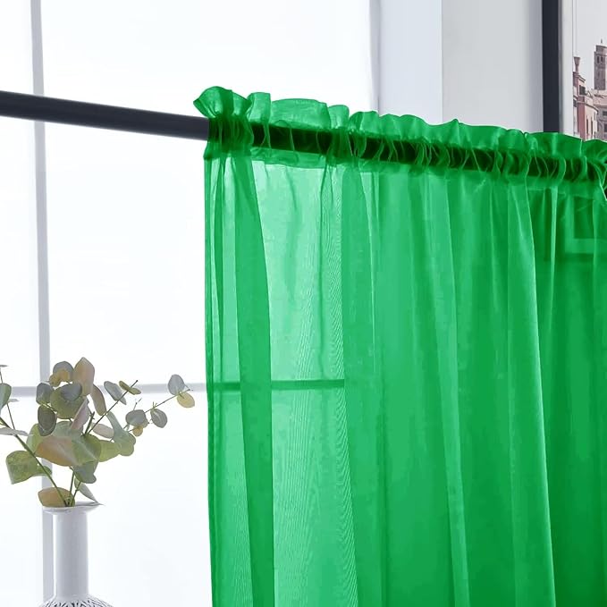 SpaceDresser Basic Rod Pocket Sheer Voile Window Curtain Panels Green 1 Pair 2 Panels 26 Width 24 Inch Long for Kitchen Bedroom Children Living Room Yard（Green，26Wx 24L）