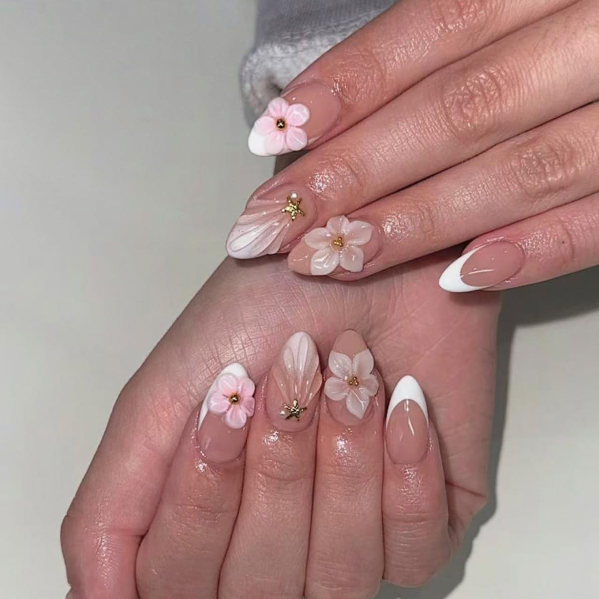 Short Almond Press on Nails - White French Tip with Pink Flower & Gold Starfish, Full Cover Glossy Fake Nails 24PCS for Women