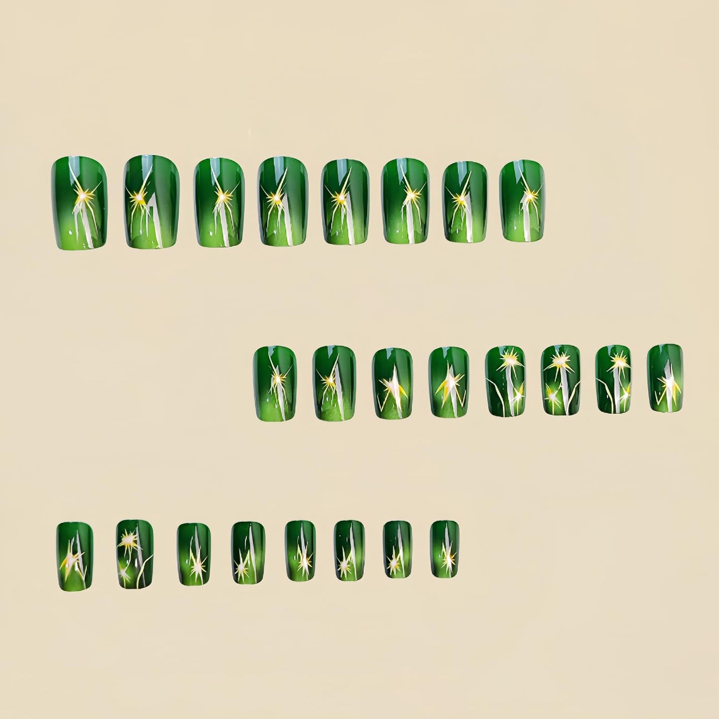 TBRZTR Green Press on Nails Medium Length Lightning Pattern Design Fake Nails Full Cover Glossy Coffin Nails Artificial Acrylic Nails Green Square Stick on Nails Reusable Glue on Nails for Women