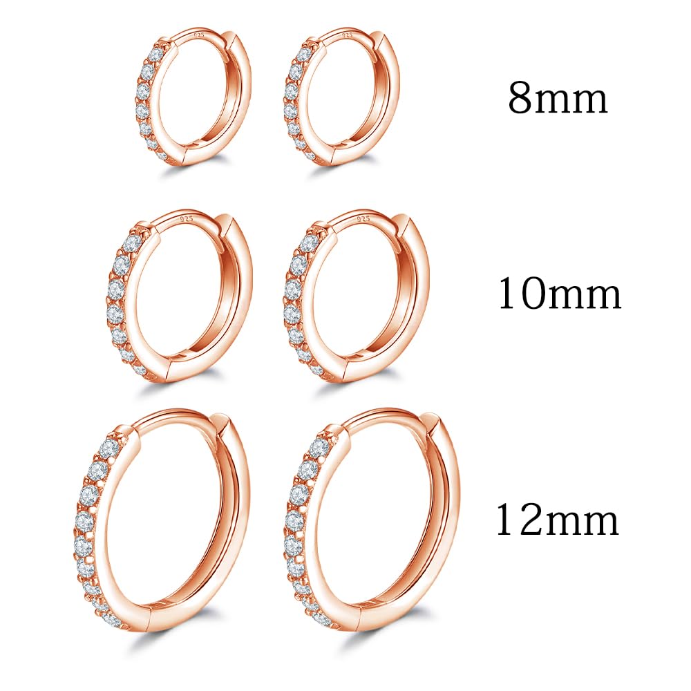 Rose Gold Hoop Earrings Sterling Silver Stud Earrings for Women 6 Pairs Hypoallergenic Tiny Cubic Zirconia Stud Set Cartilage Earring Hoops 8mm 10mm 12mm